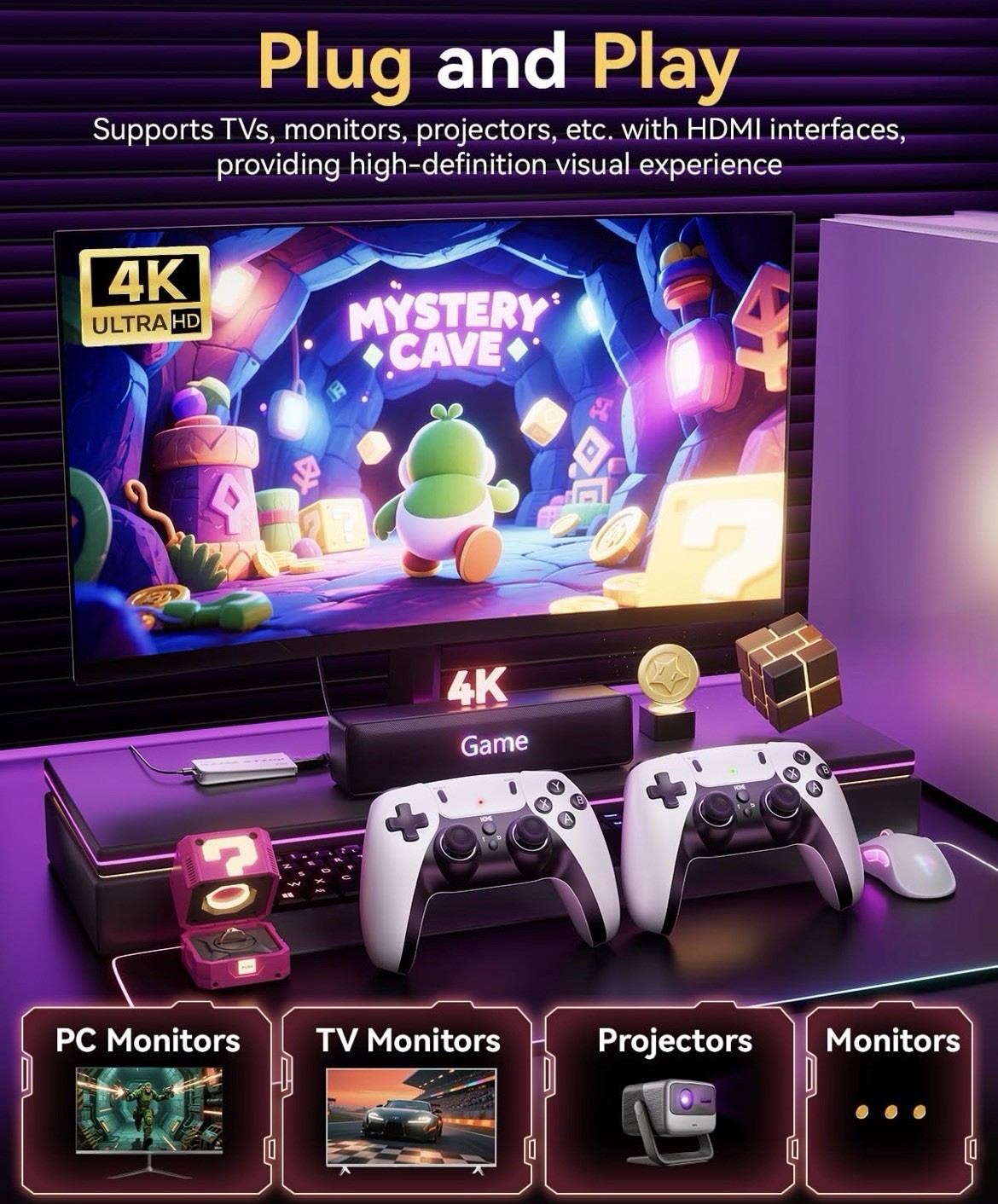 4K Game Stick Pro Console | 2.4G Wireless | 2 Controllers | HDMI Retro Games