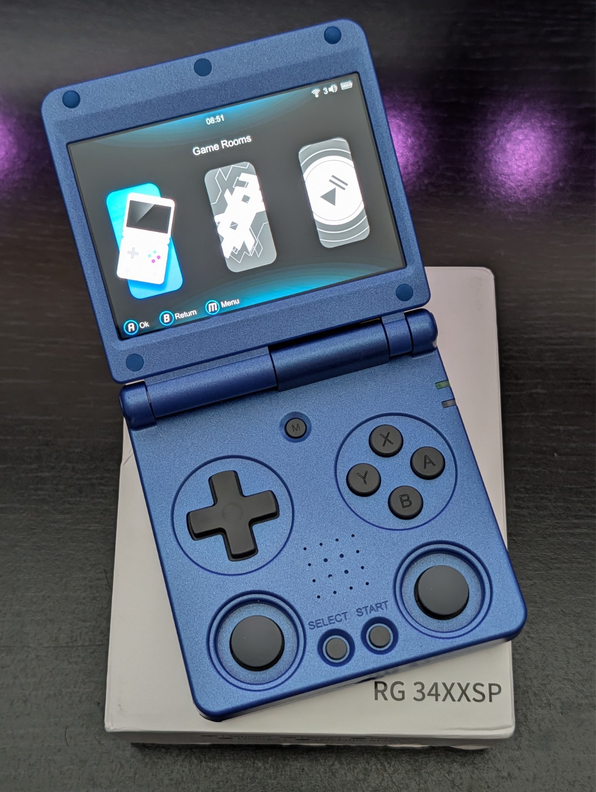 Anbernic RG34XXSP Retro Gaming Console – Metallic Blue – MINT in Box