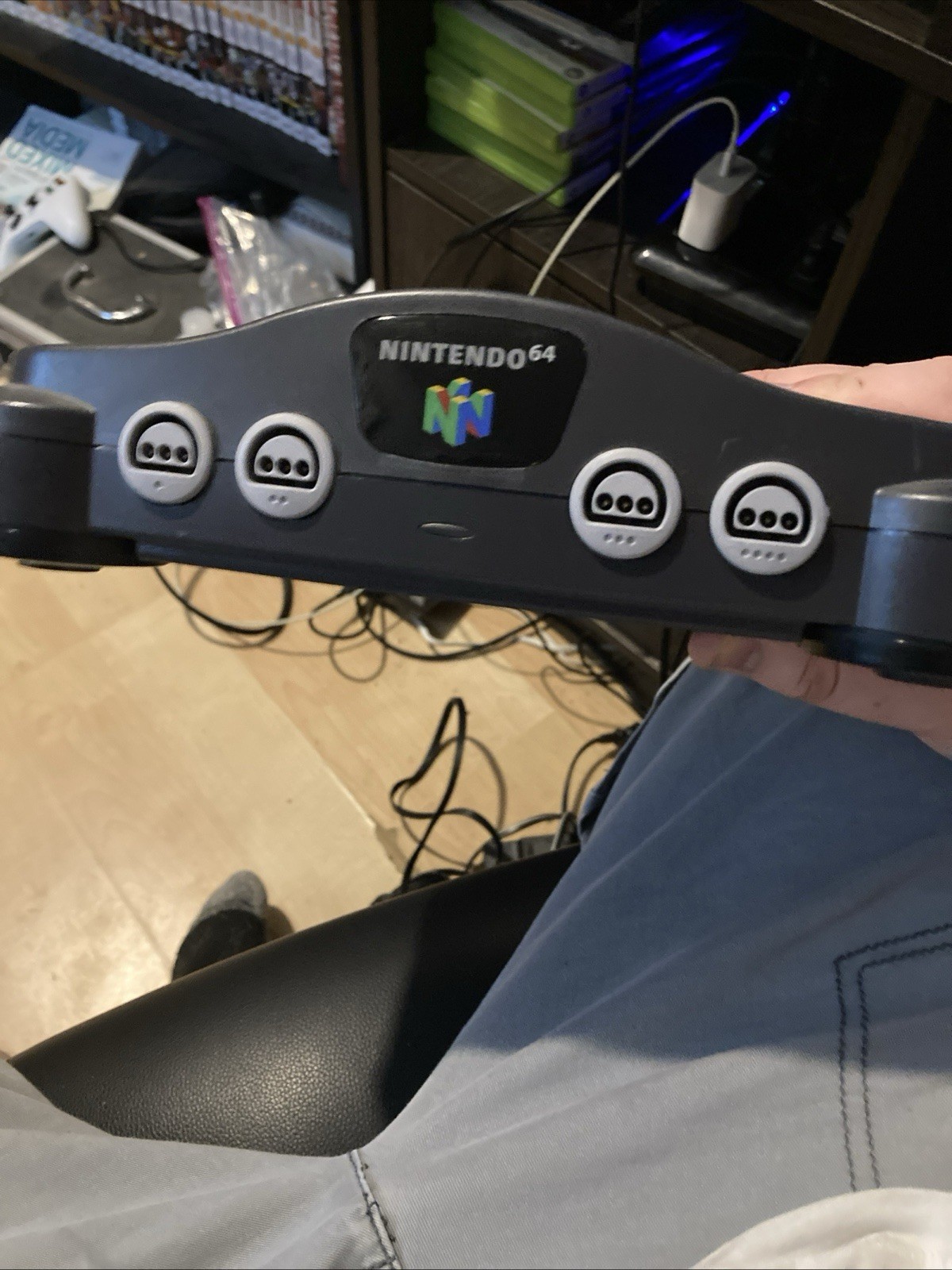 Nintendo 64 Black Console With 2 Purple Controllers And Power Cables
