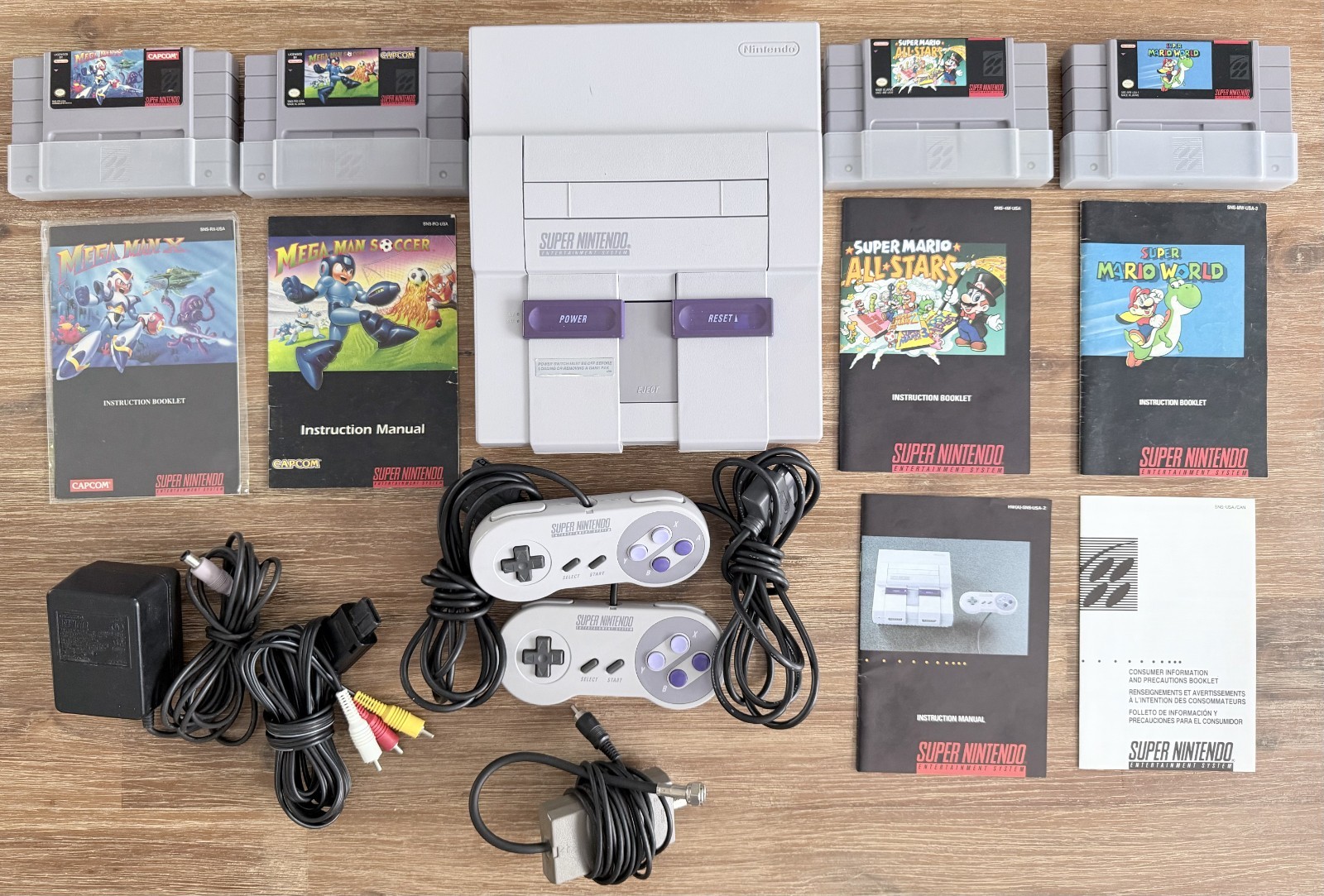 Super NES Console Bundle w/ 2 Controllers + 4 Games (Mega Man & Mario) + Manuals