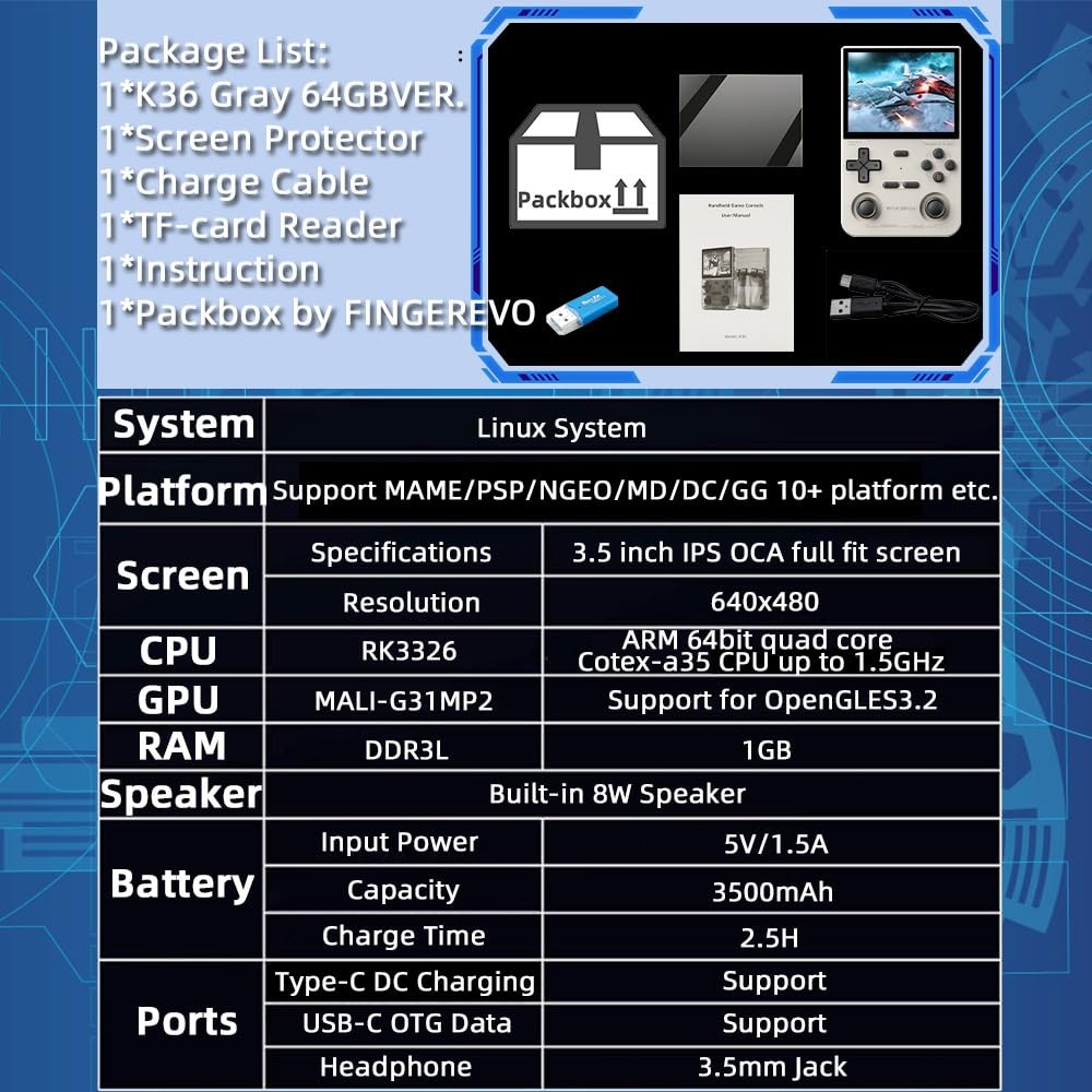 K36 Gray Handheld Game Console 3.5 Inch Screen RK3326 Long Battery Life