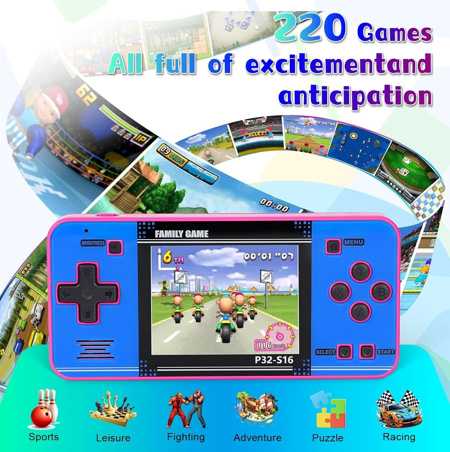 Portable Handheld Game for Kids – 220 Built-In Games, Pink & Blue Design