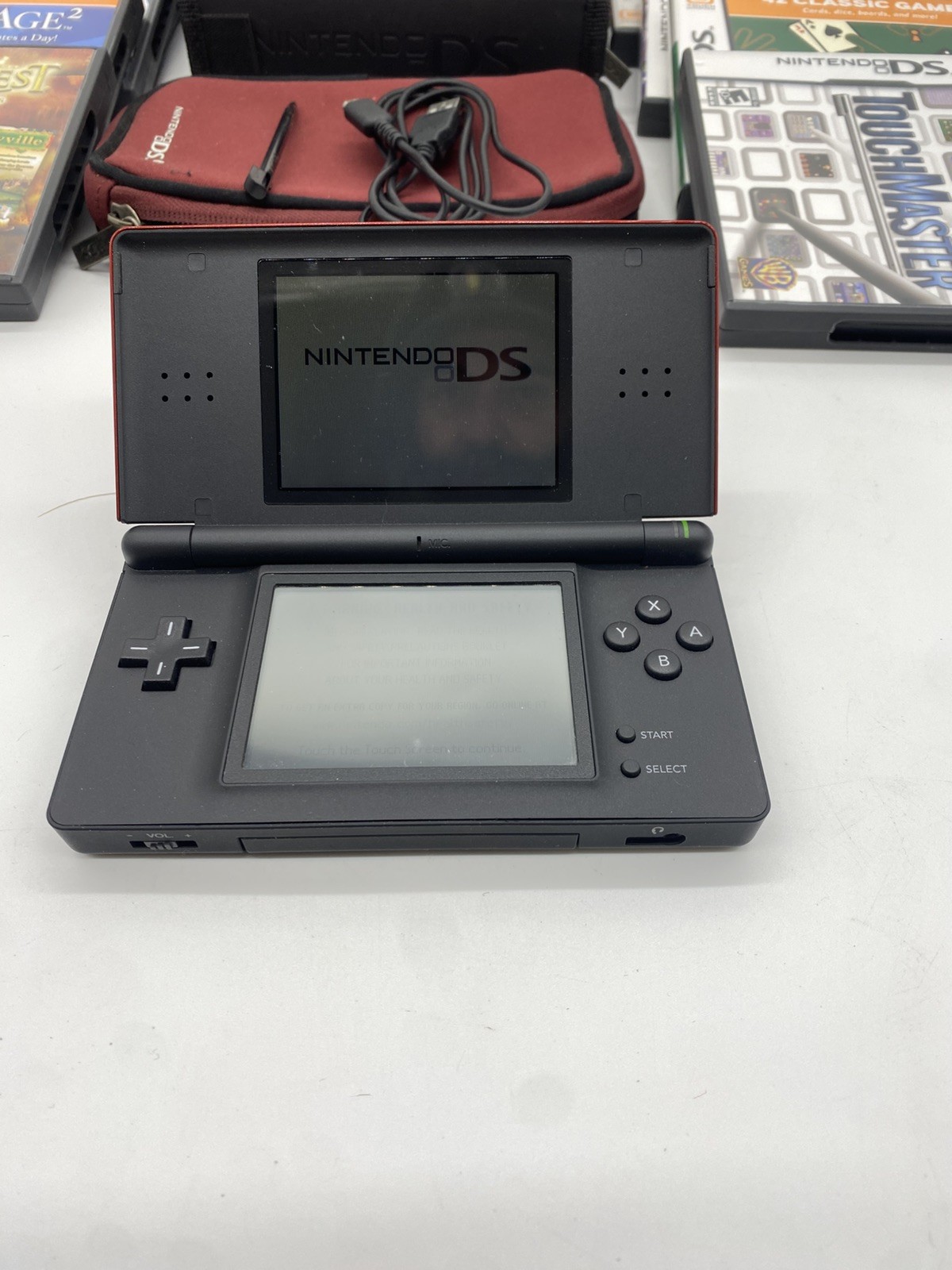 Nintendo DS Lite Bundle Crimson/Black 2 Stylus & Charging Cord, 8 Games 3 Cases