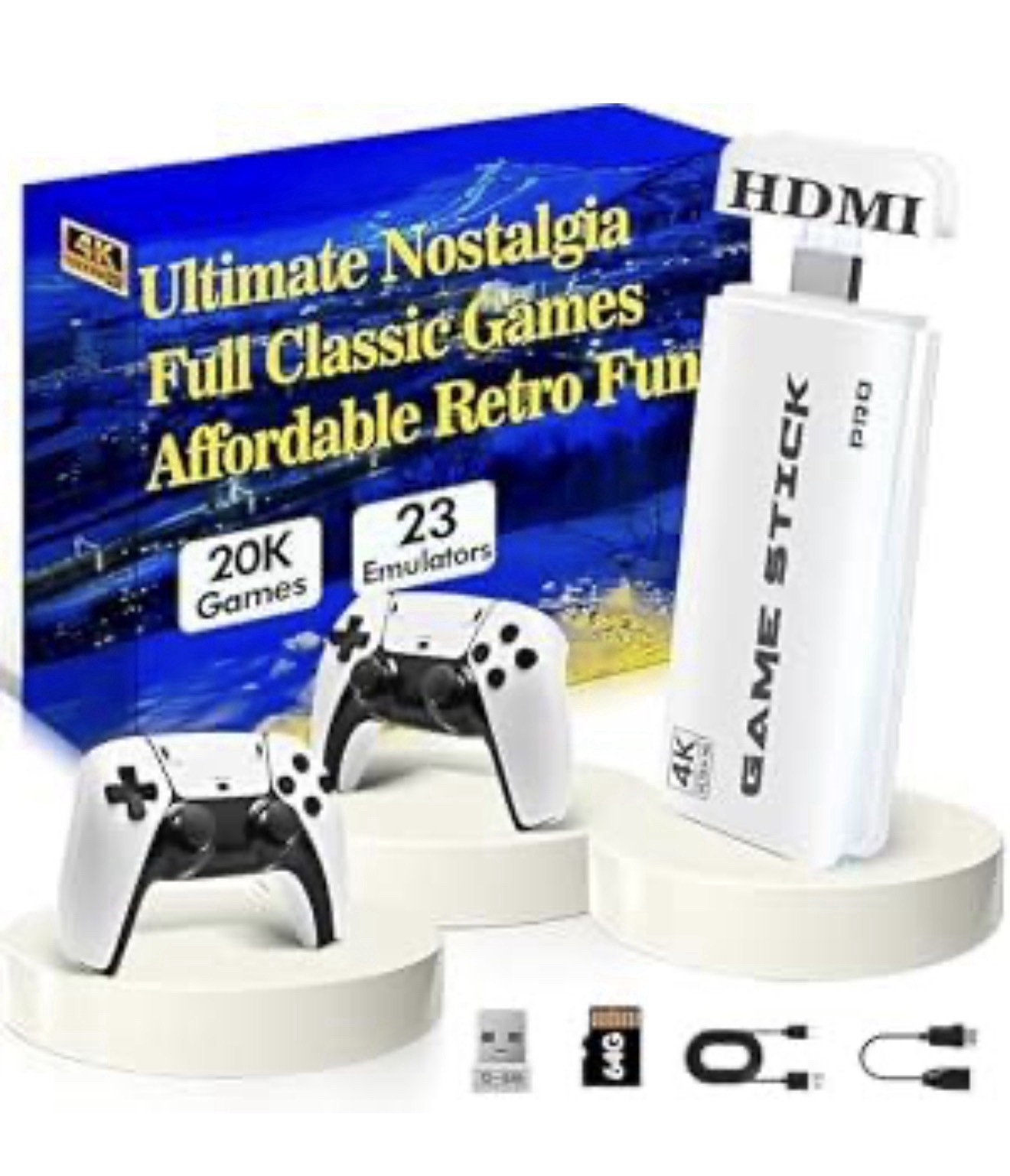 Retro Game Console 20000+ Games 4K HDMI Stick 2 Wireless Controllers Plug Play