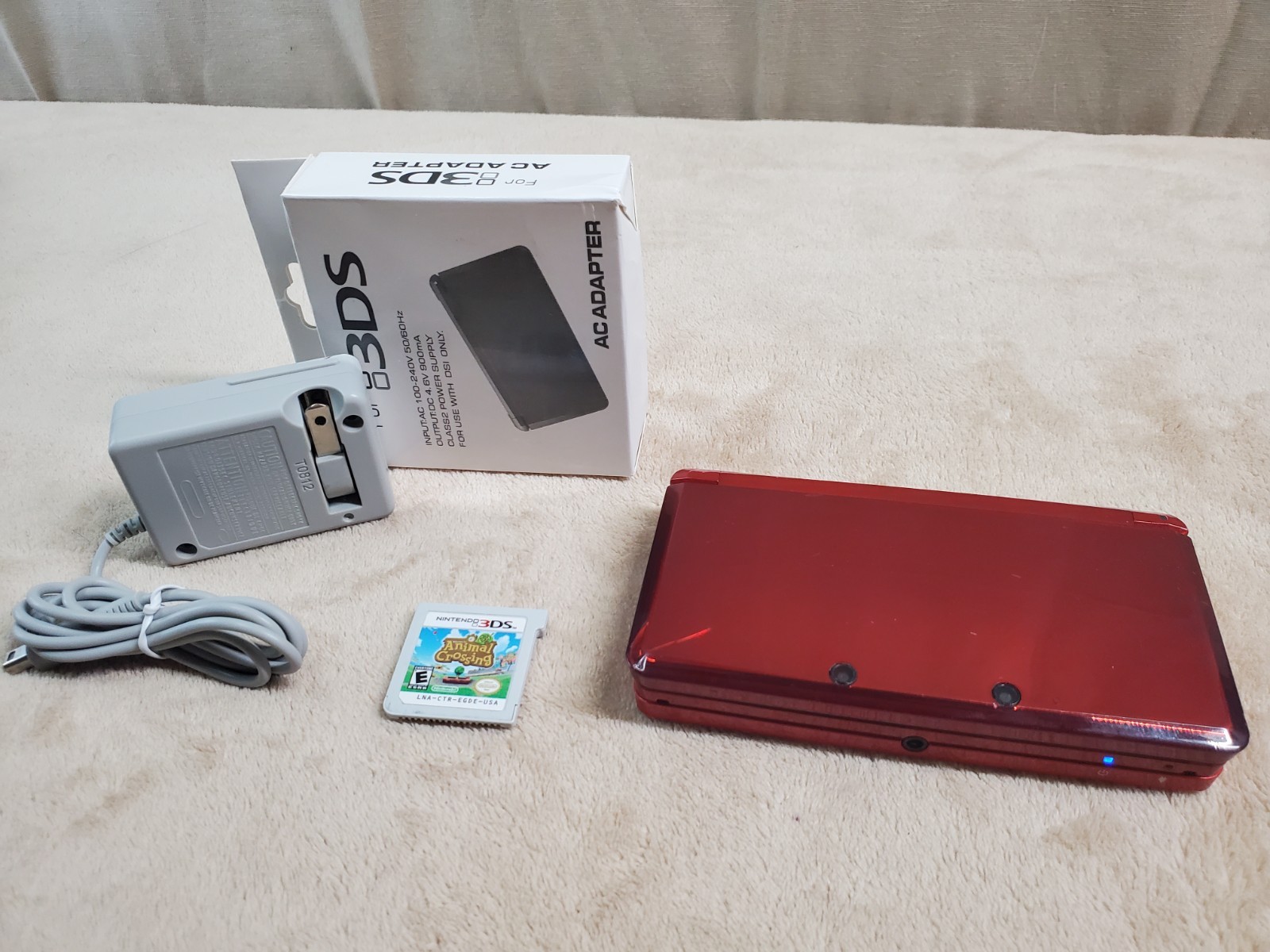 Nintendo 3DS Flame Red Handheld Console Bundle Animal Crossing New Leaf Charger