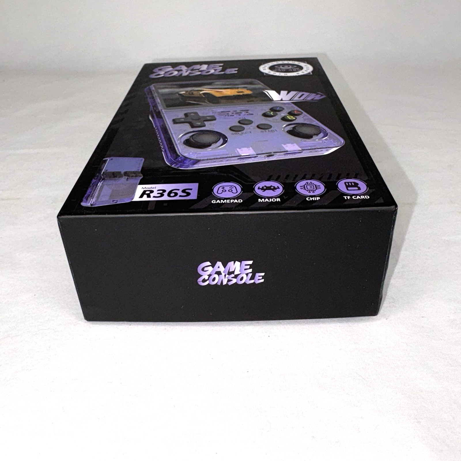 R36S Retro Handheld Game Console Clear Purple Travel Portable