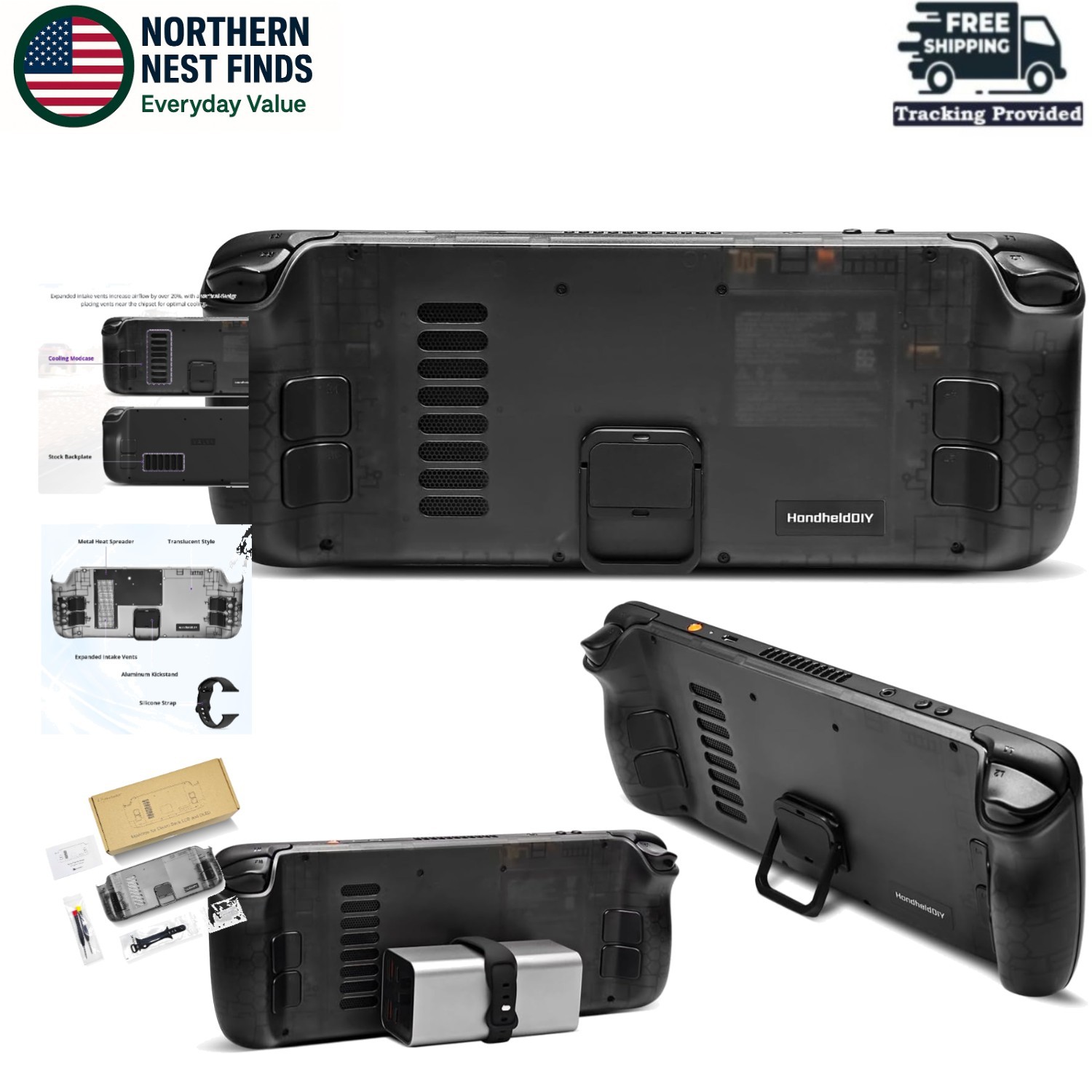 Translucent Cooling Modcase for Steam Deck LCD/OLED with Adjustable Kickstand