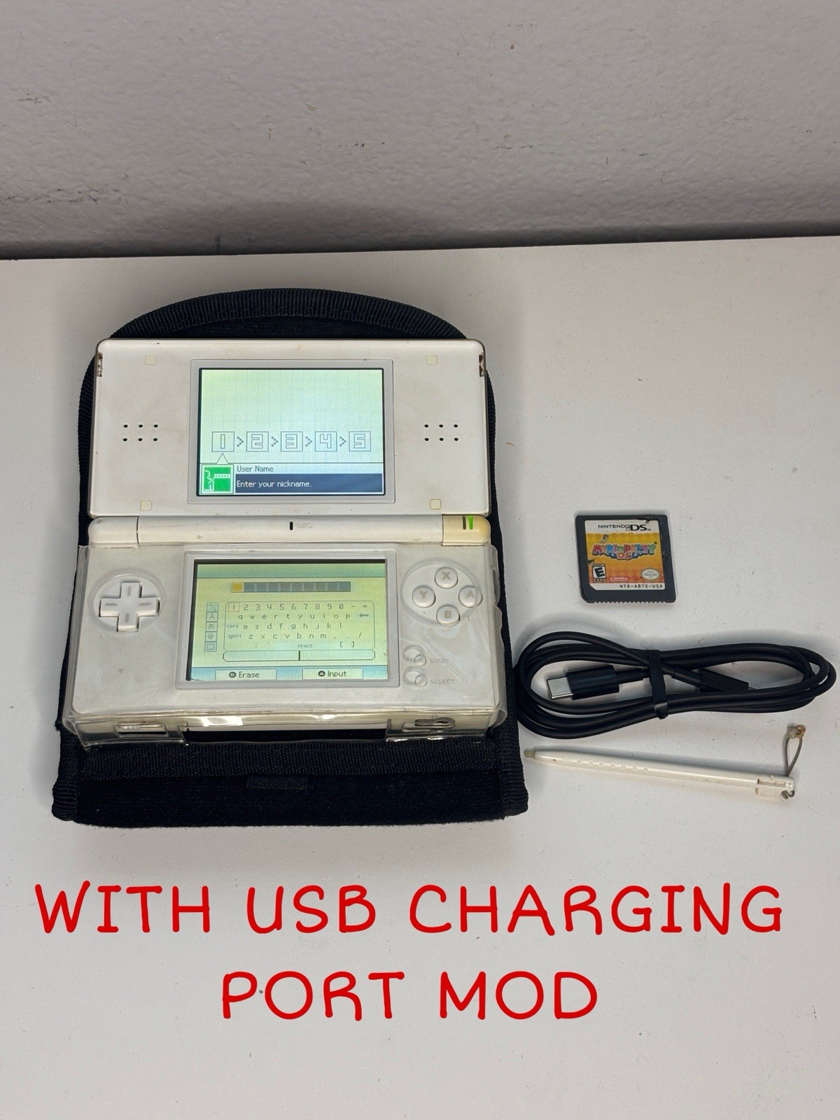 Nintendo DS Lite – USB-C Charging Mod | Mario Party DS | Carry Case | White