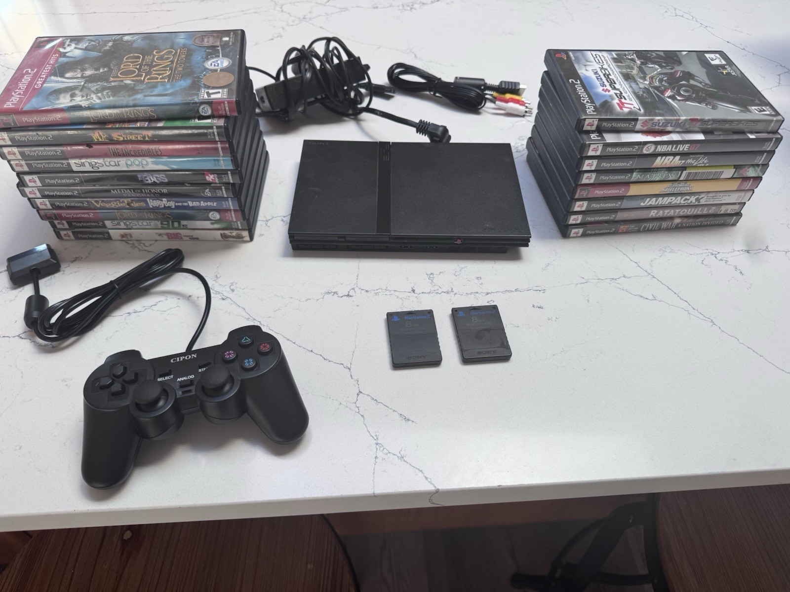 BIG LOT: Sony PlayStation 2 PS2 Slim Console Bundle -2 Memory Cards- 17 Games+++