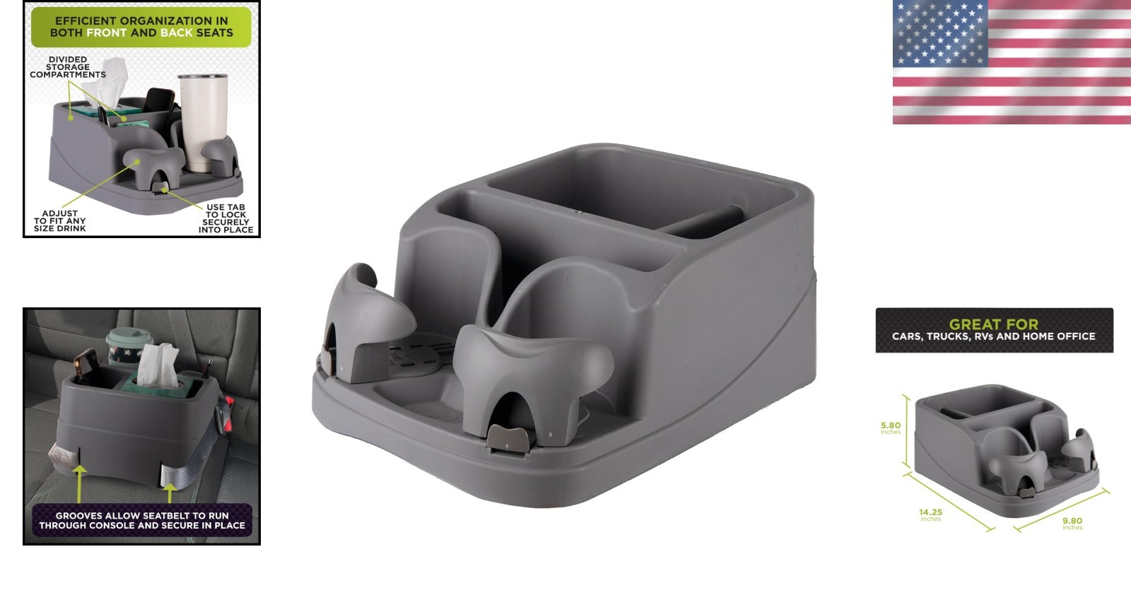 Compact GO GEAR Console: Stylish Storage Solution with Adjustable Drink Holders