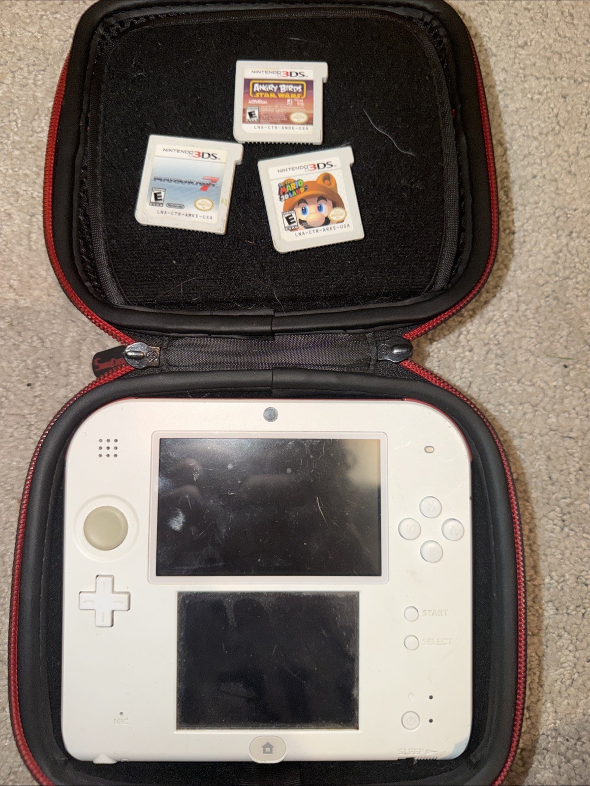 Nintendo 2DS White Handheld Video Game System Includes Charger Games and Case!!!