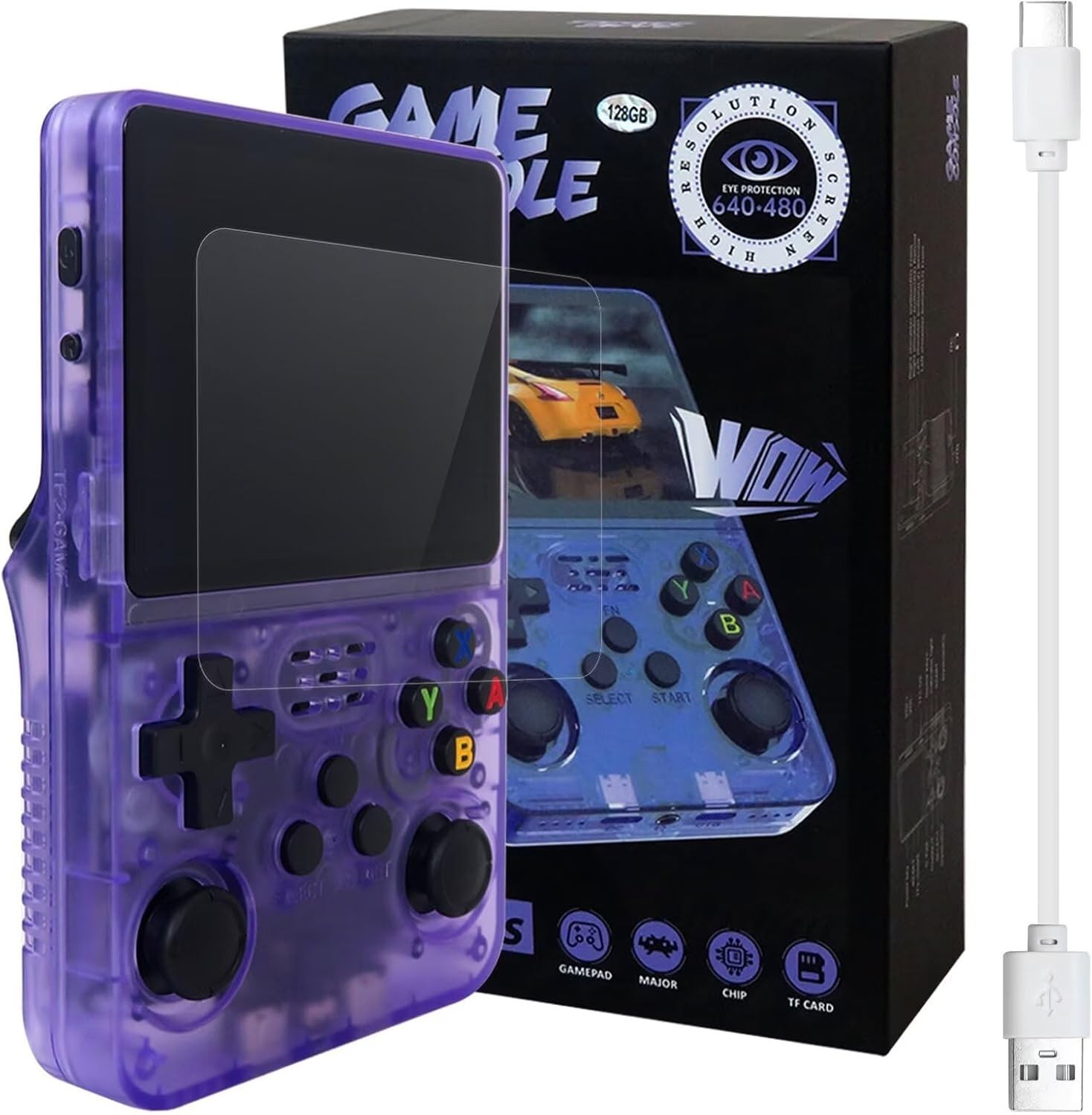 INGQI R36S Retro Handheld Game Console 128GB Purple Linux 3.5″ IPS Screen NEW