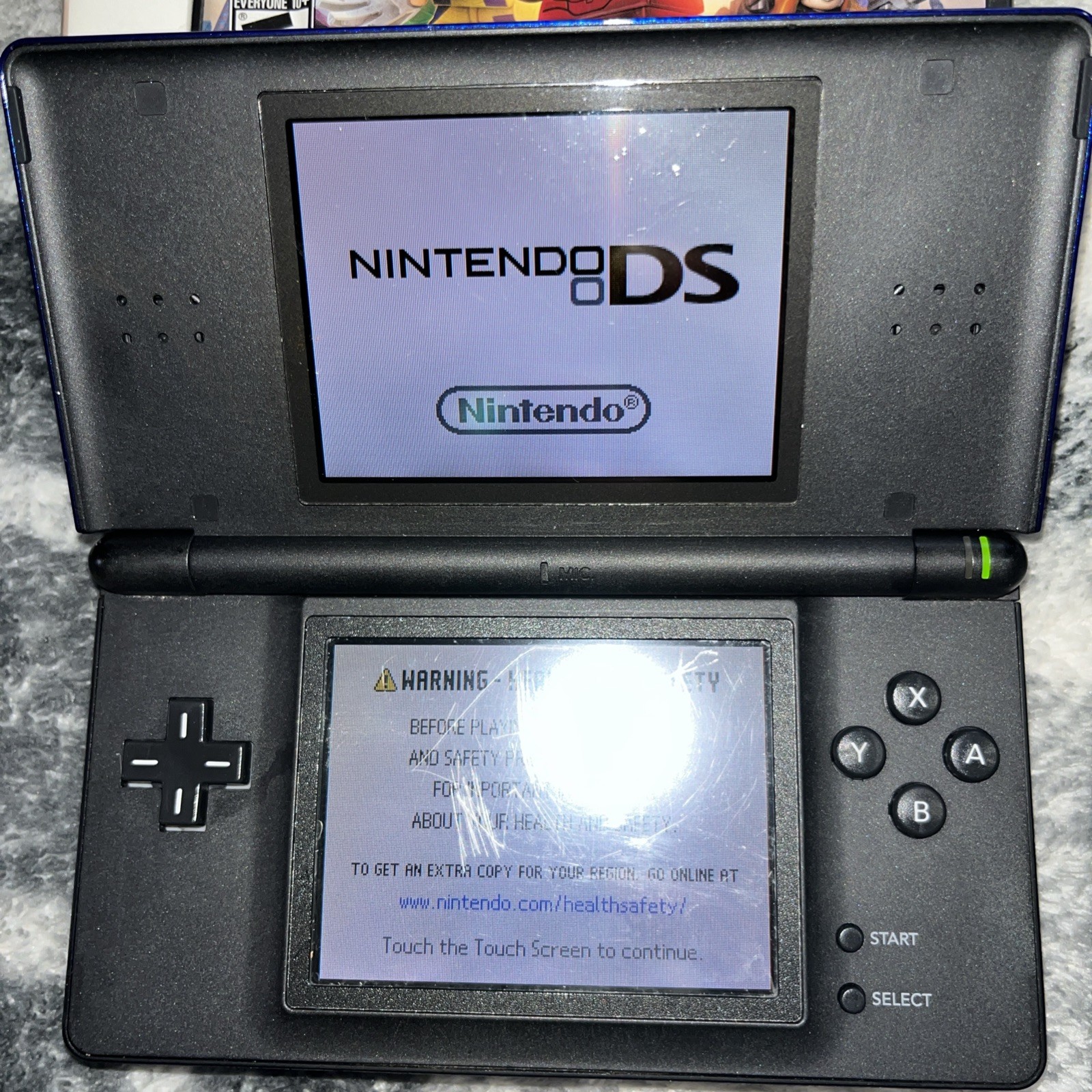 Nintendo DS Lite Enamel Navy Handheld System Bundle Charger Game Stylus Mint!!!