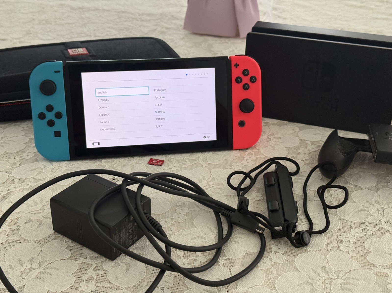 Nintendo Switch System Console w/Neon Red & Blue Joy-Cons + Dock, Case, Charger