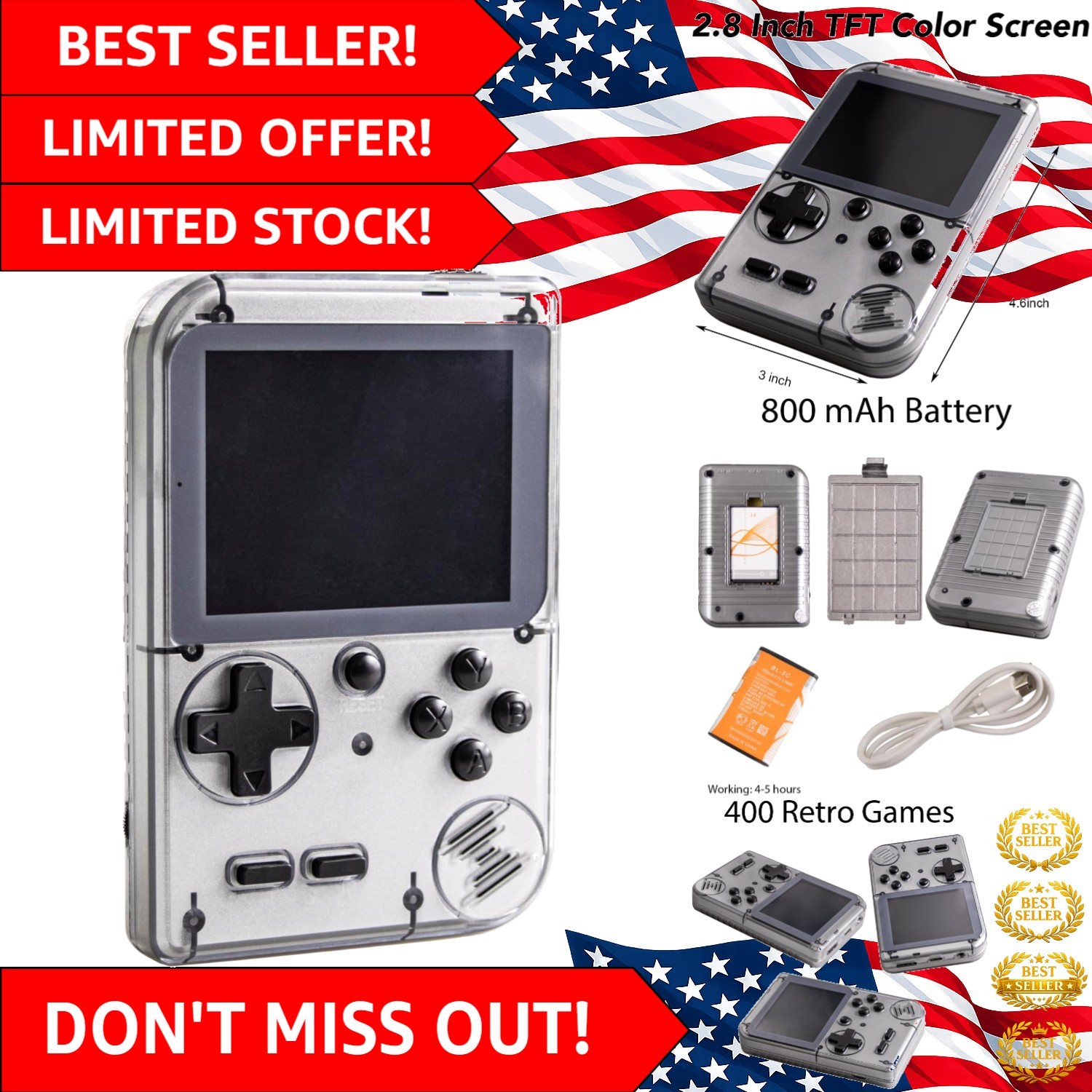 Rechargeable Handheld Retro Game Console: 400 Games, TV Out & Lightweight Design
