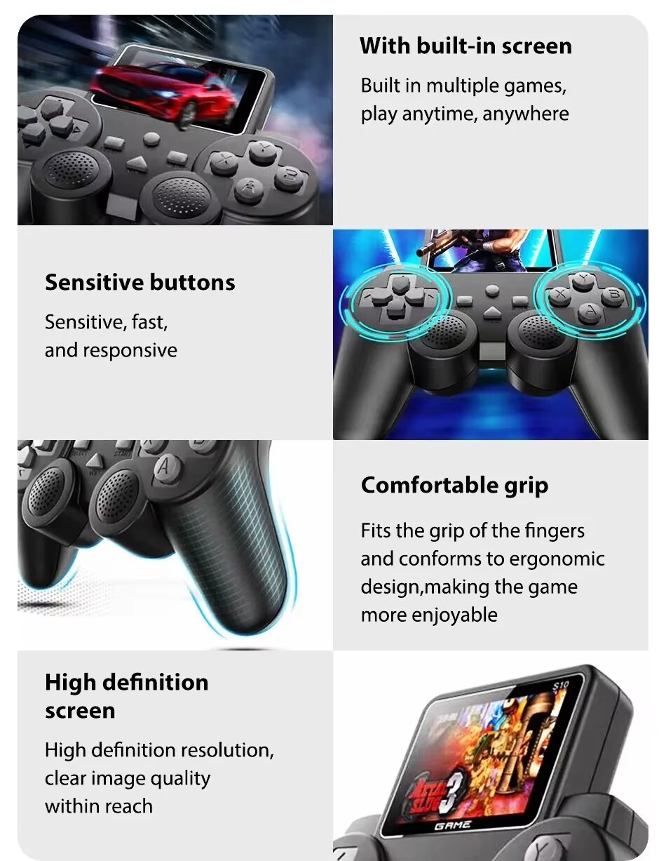 S10 MINI VIDEO GAME CONSOLE – 520 GAMES, DUAL CONTROLLERS, AV OUTPUT