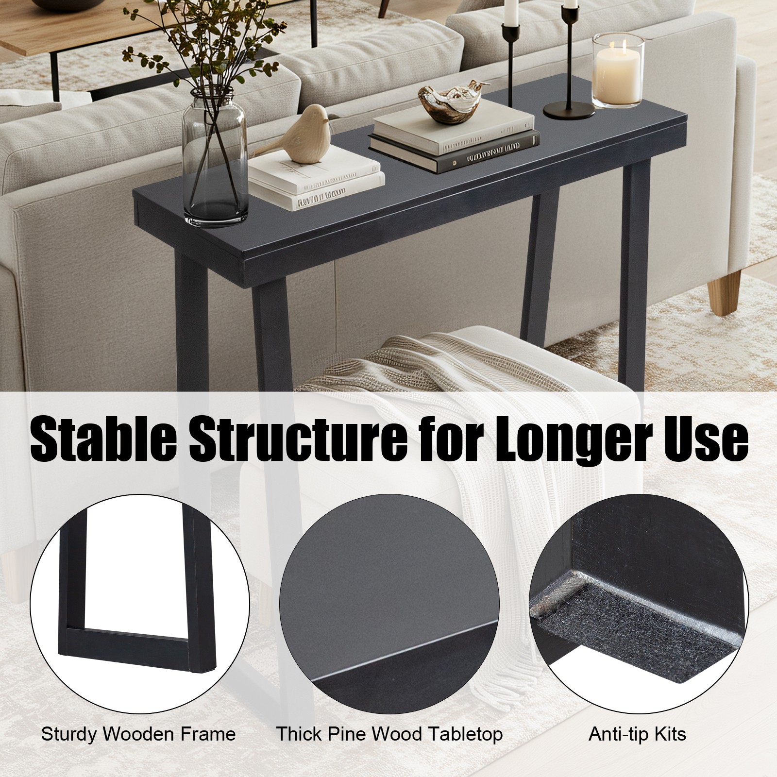 Solid Wood Console Table Storage Sofa Table with Shelf Narrow Entryway Black