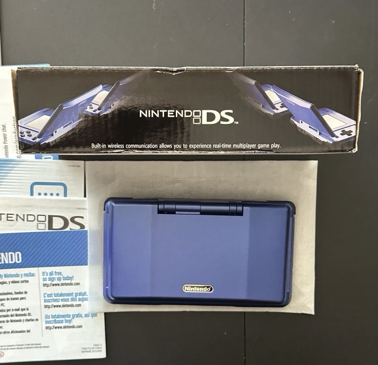Electric Blue Nintendo DS Handheld Console System Inserts Box Manual Stylus