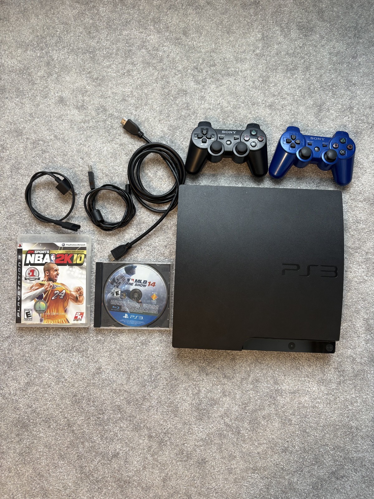 PS3 Slim 160GB Bundle – 2 Controllers + NBA 2K10 + MLB The Show 14 + Cords