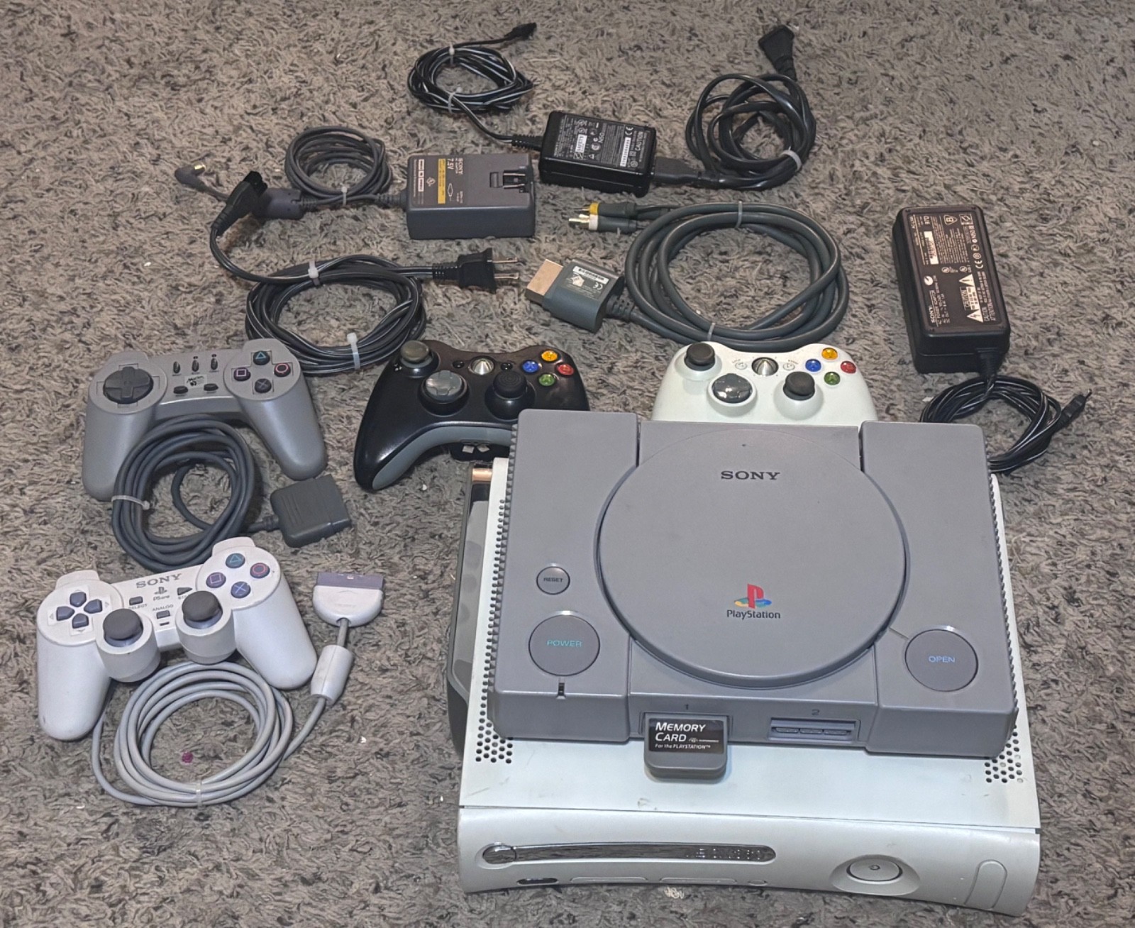 Large Game Console, Controller, & Cable Lot — Sony PlayStation PS1 Xbox 360!!!