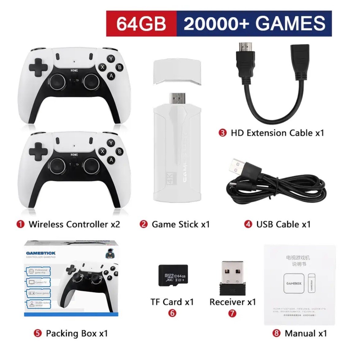 New 3D Game Stick Retro Console 4K HD 2.4G Wireless 2 Controllers 20000+ Games