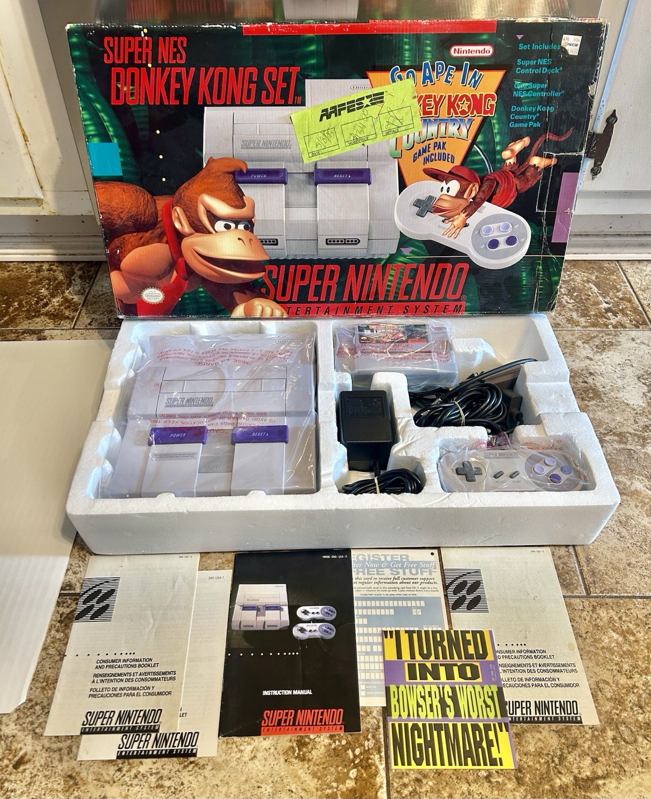 Super Nintendo SNES CIB Donkey Kong Console Bundle Matching Serial NR Mint RARE