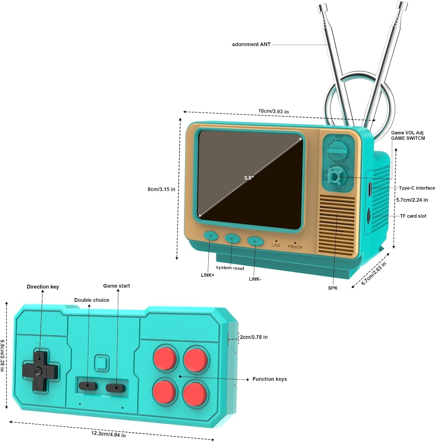 Classic Mini TV Style Handheld Console with 168 Games & Dual 2-Player Support