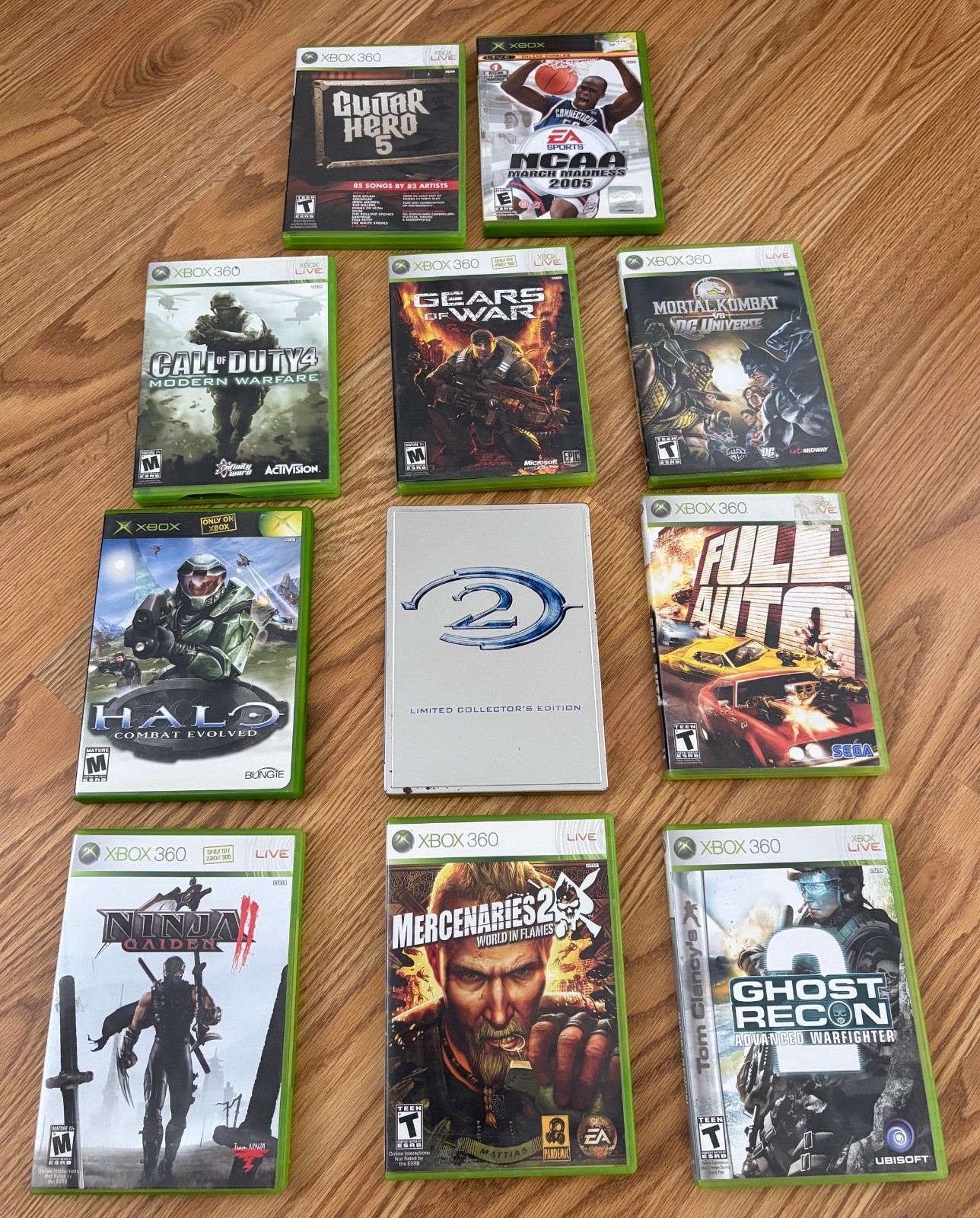 Microsoft XBox 360 console w/2 controllers & 11 games, power supply – BUNDLE