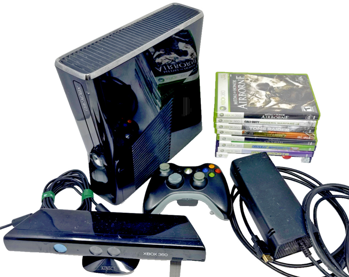 Microsoft XBox 360 S System Model 1439 Kinect Cables Controller 8 Games TESTED