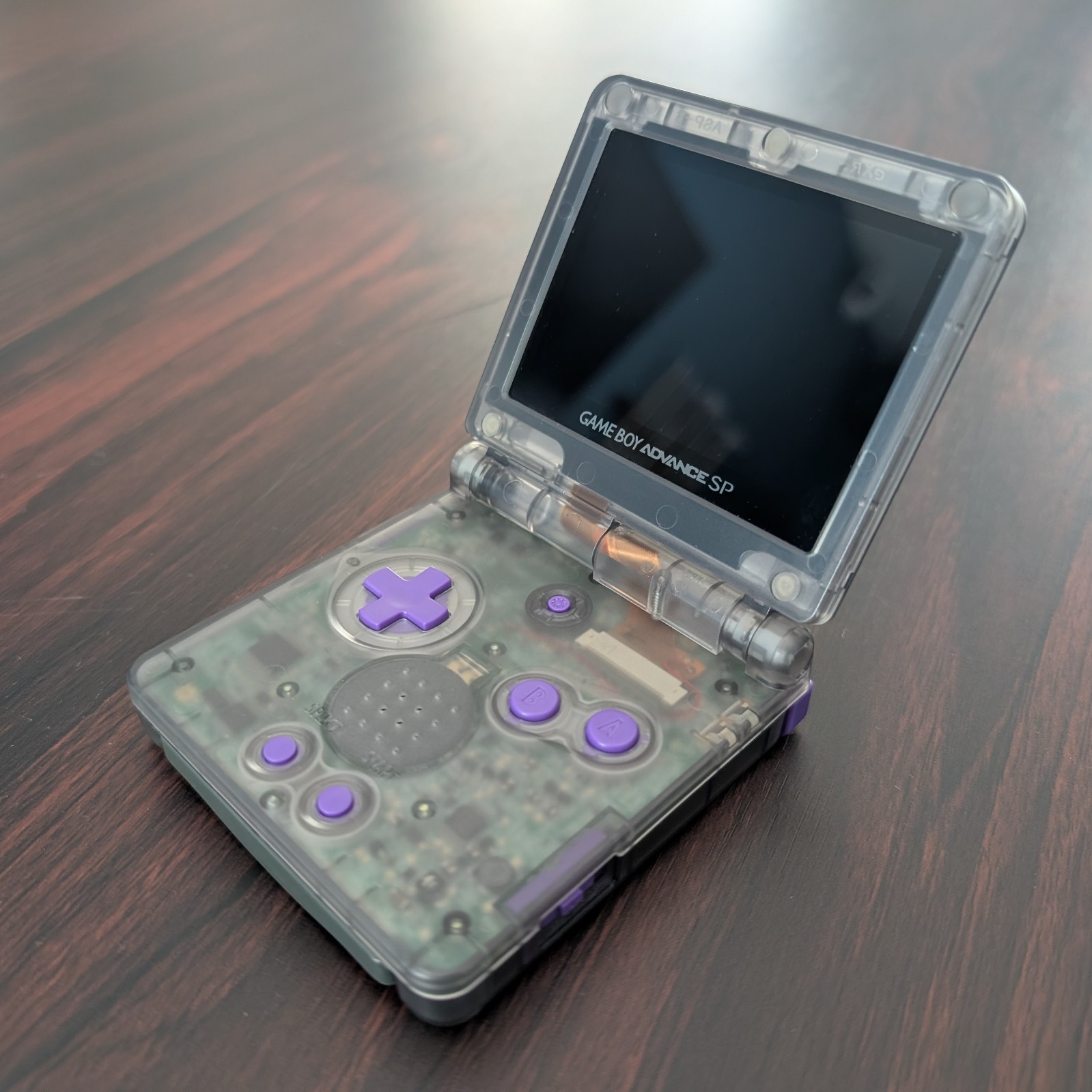 Custom GBA SP, IPS Screen, New Battery, Charger/Case – Smoke Purple (READ DESC.)