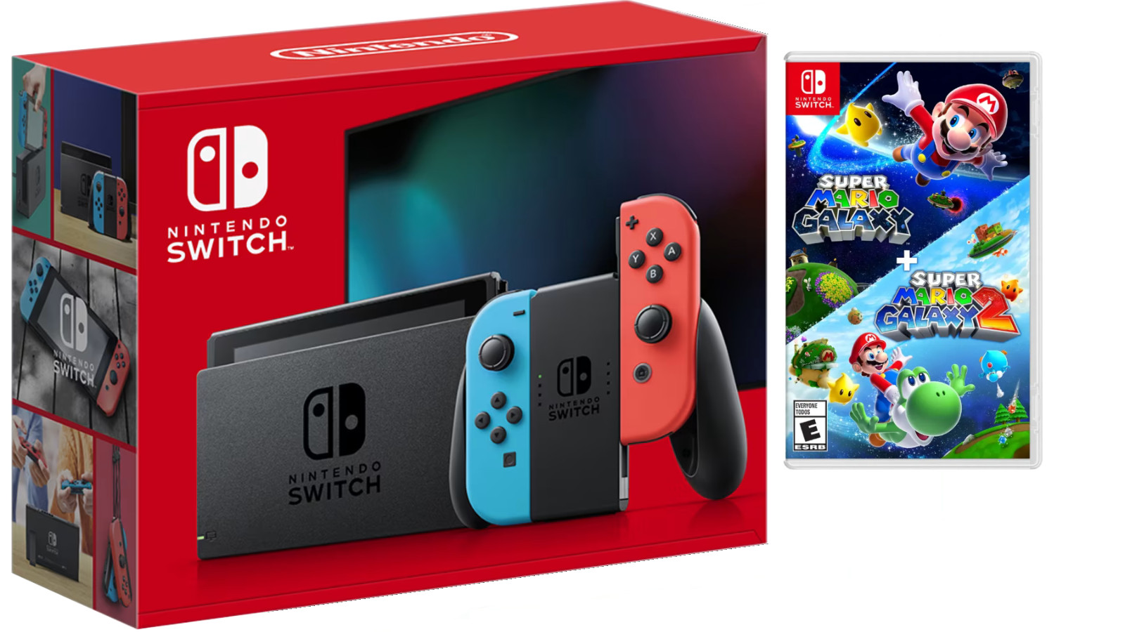 Nintendo Switch Neon Red Blue + Super Mario Galaxy 1&2 ⭐ 2-Game Console Bundle