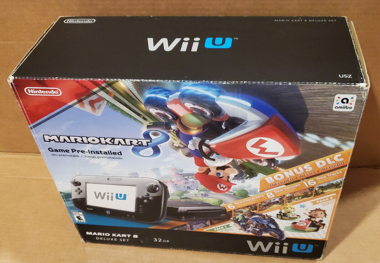 Black 32 GB Nintendo Wii U Mario Kart 8 Deluxe Set Console Bundle in the box