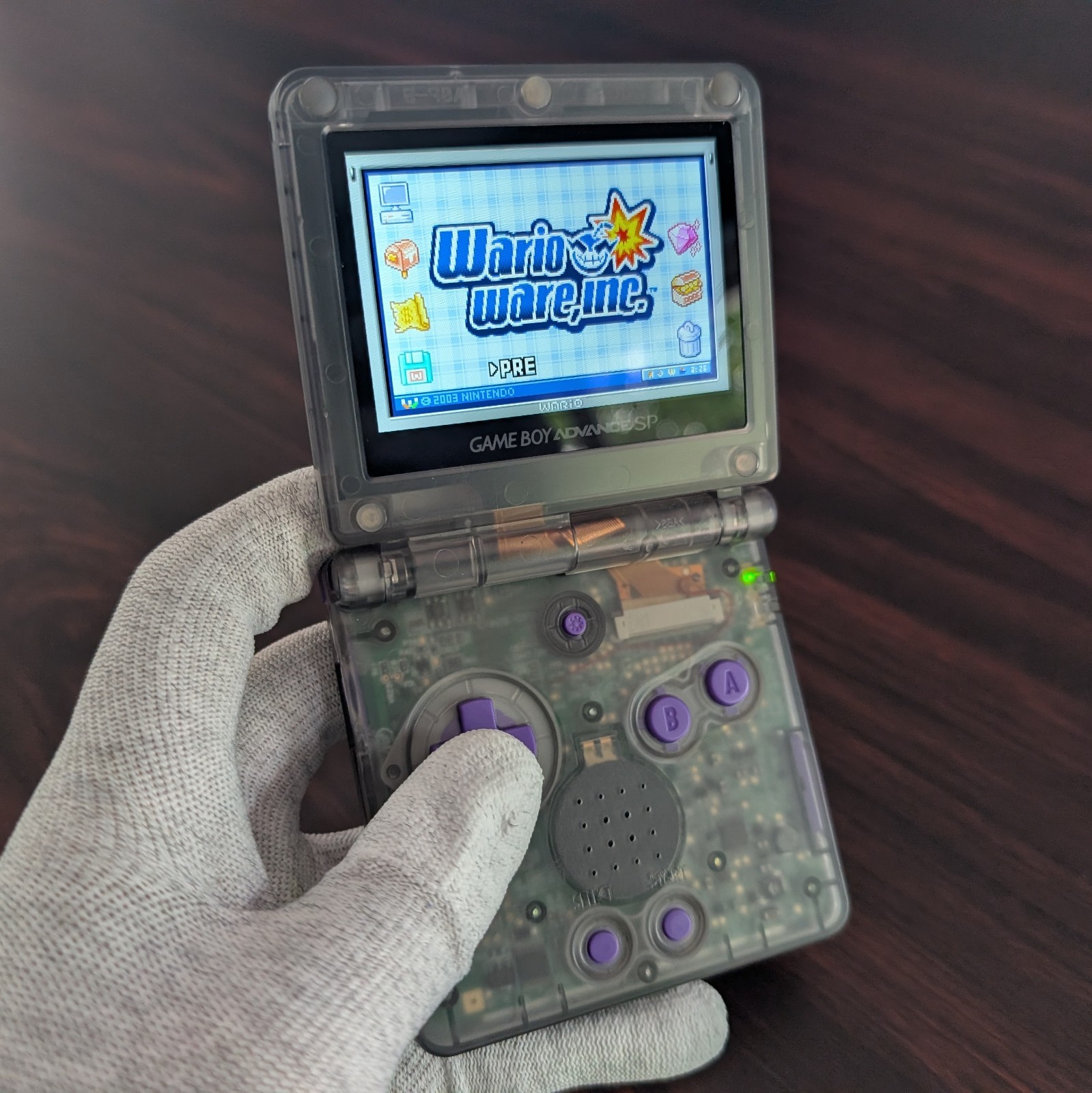 Custom GBA SP, IPS Screen, New Battery, Charger/Case – Smoke Purple (READ DESC.)
