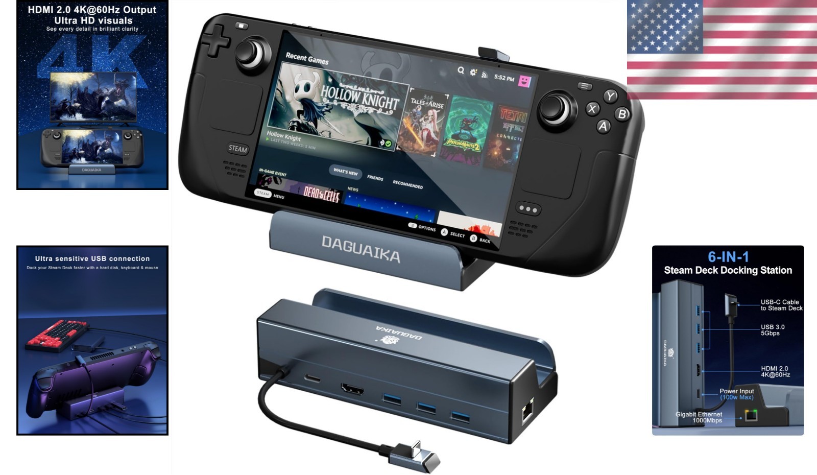 Compact Steam Deck Dock: 6 Ports with 4K HDMI, Ethernet, and Lifetime