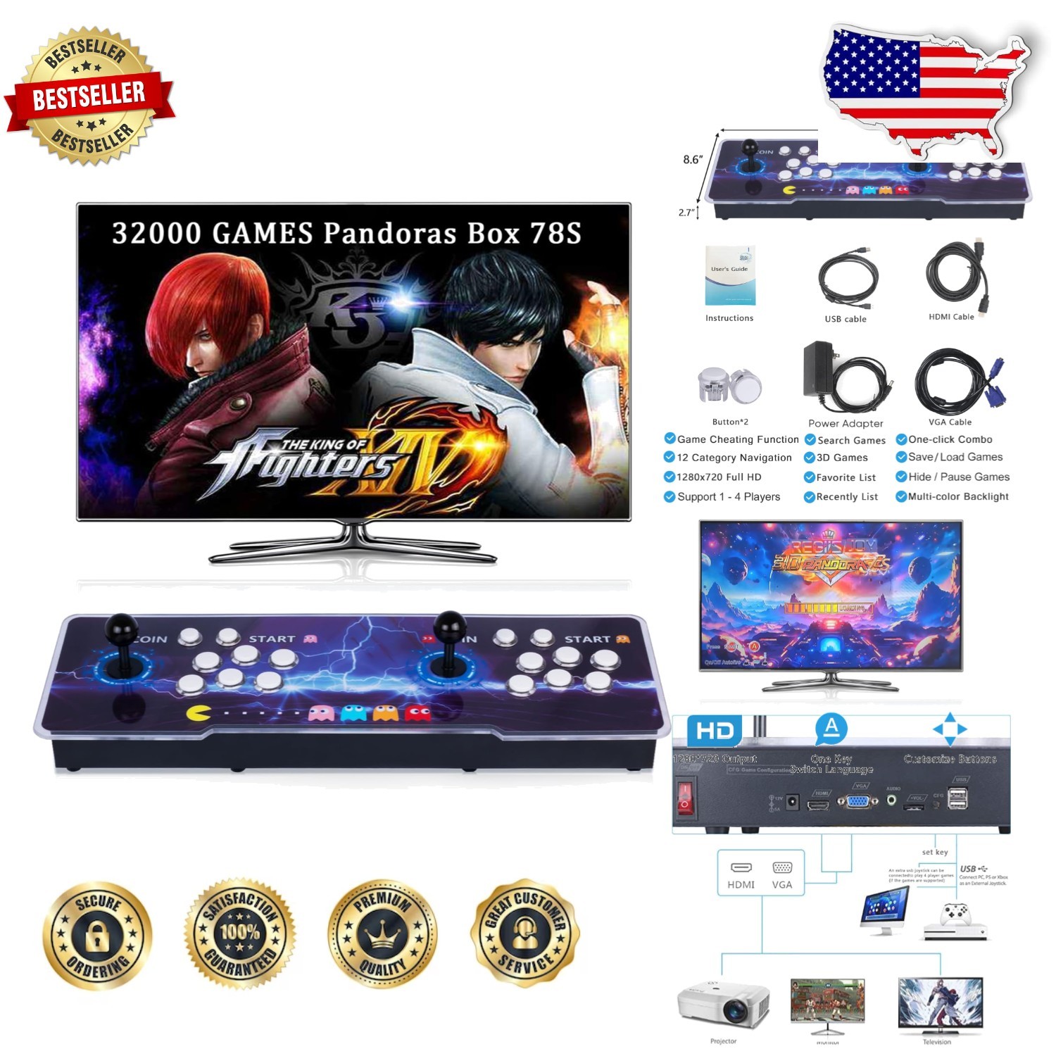 Pandora Arcade Console 32000in1 4 Player 3D Games 128GB HDMI Pause Save