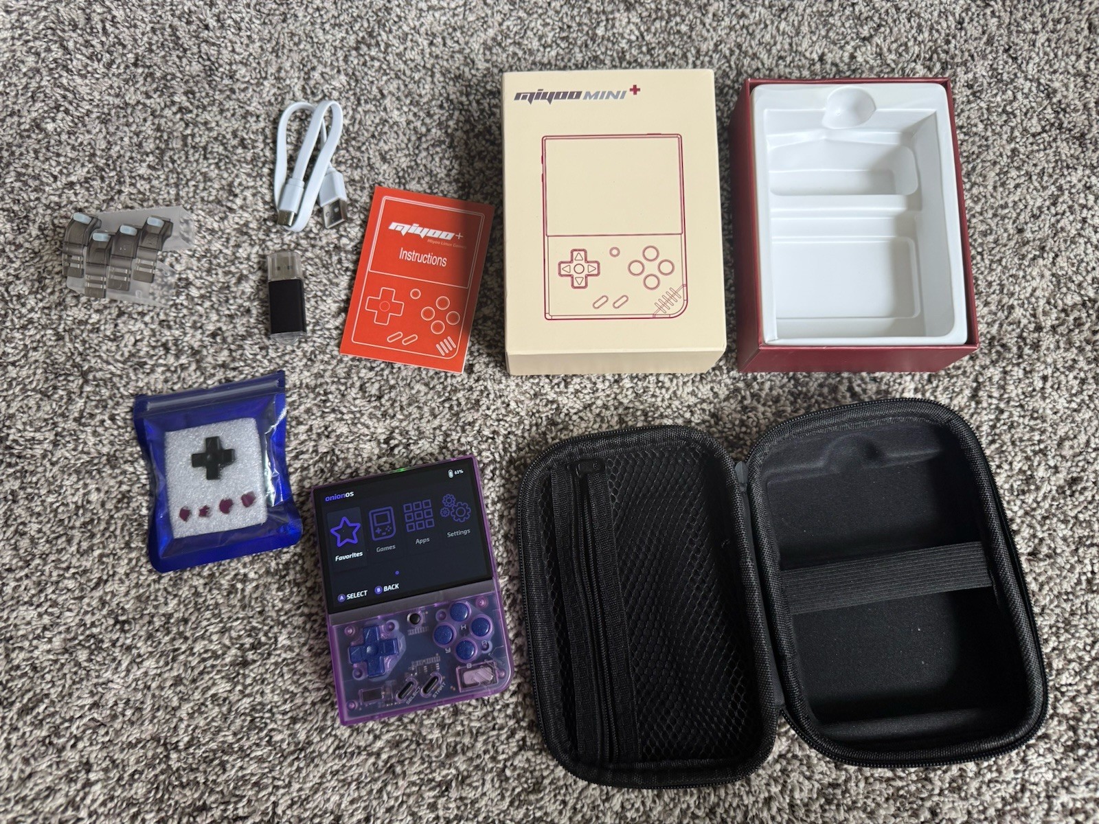 Miyoo Mini Plus Transparent Purple – CIB – Onion OS – Button Upgrades – 32GB