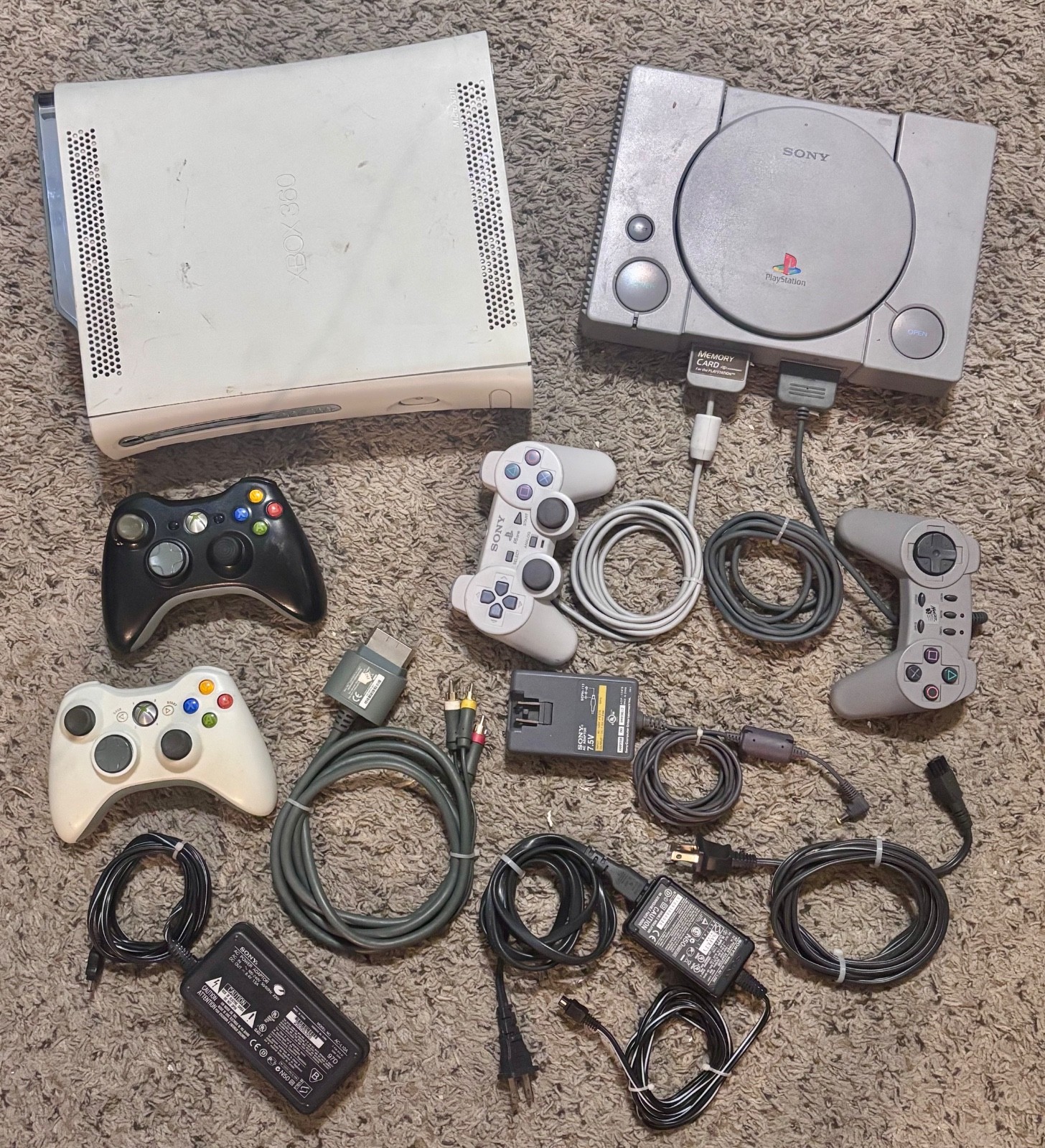 Large Game Console, Controller, & Cable Lot — Sony PlayStation PS1 Xbox 360!!!