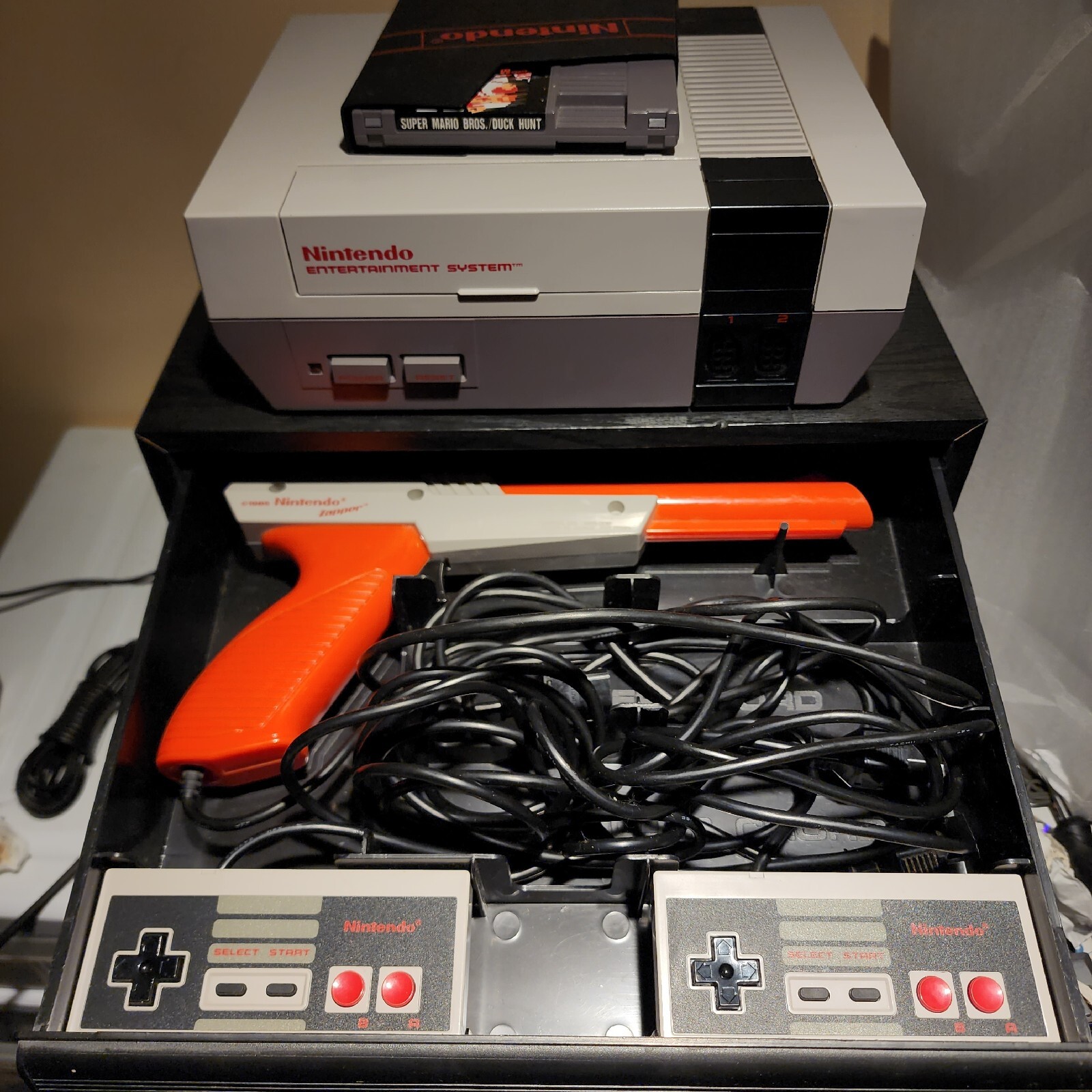 Nintendo NES Console Action Set Complete + NES 2 Drawer 28 game Storage Box. OEM