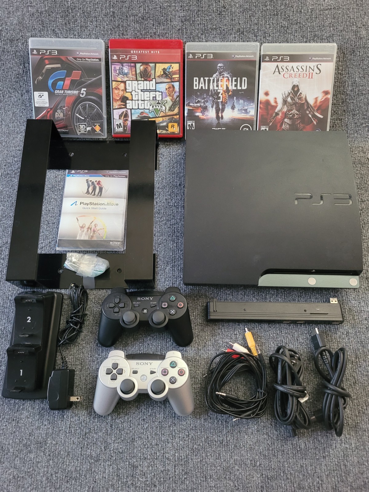 SonyPlayStation3 PS3 Slim Console Bundle-2 Controllers,Charger,Mount&4 Games​