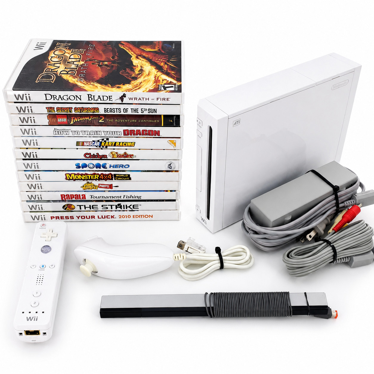 Nintendo Wii Console Bundle White w/ 12 Games, Remote, Cables Tested & Works