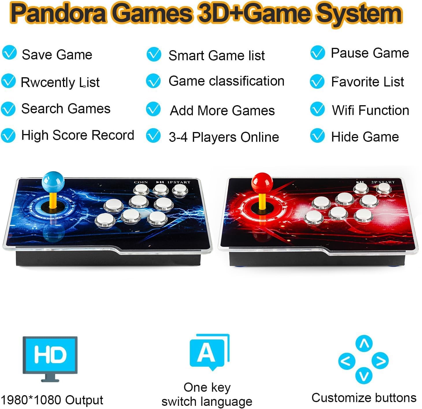 Retro Arcade Game Console 35000 Games 1-4 Players Compatible with PC Projector