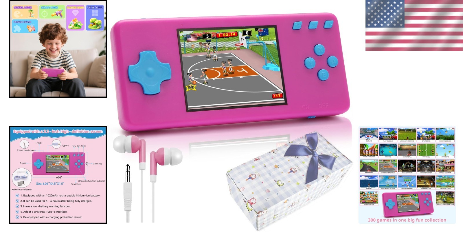 3.2-Inch Handheld Game Console with 300 Retro Games – Perfect Kid Gift in Blu…