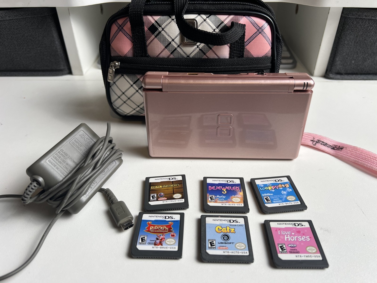 Nintendo DS Lite Rose Pink w/ 6 Games Charger Bag Bundle Tested