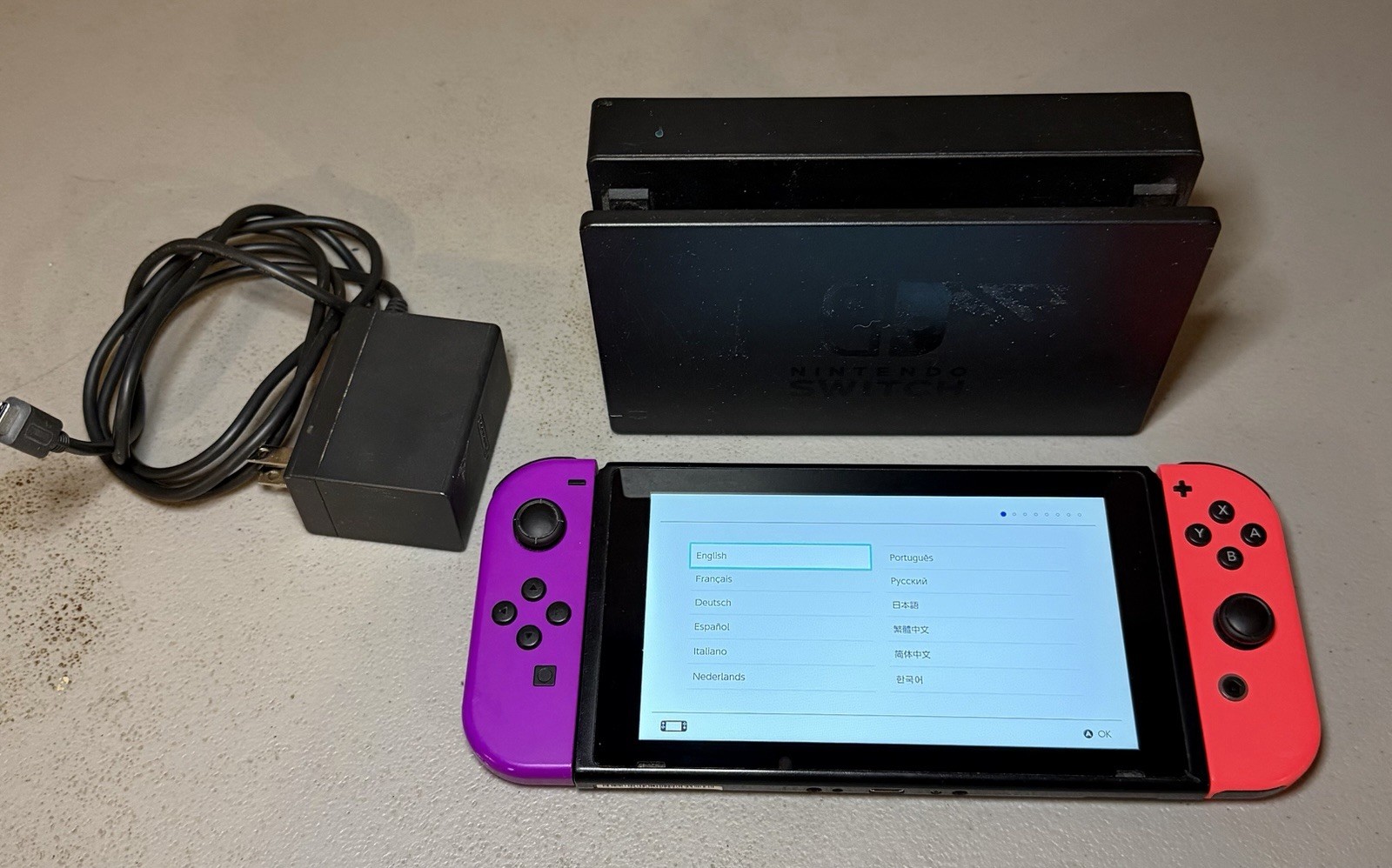 Nintendo Switch HAC-001 32GB Console w/ Dock & AC Adapter Purple/Red Joy-Con