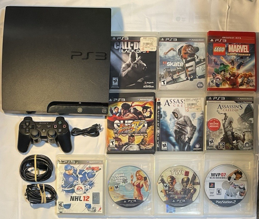 Sony PlayStation 3 Slim 160GB Bundle – Controller, Cords + 10 Games