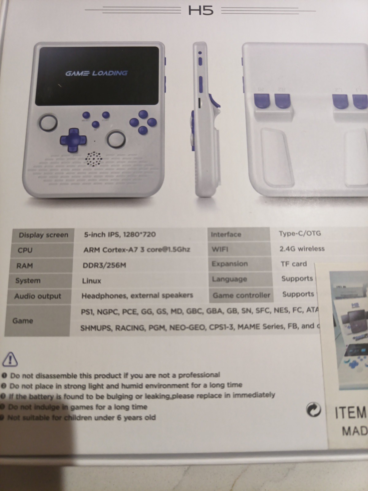 H5 5.0″ HD IPS Screen Open Source Linux System Retro Handheld Video Game Console