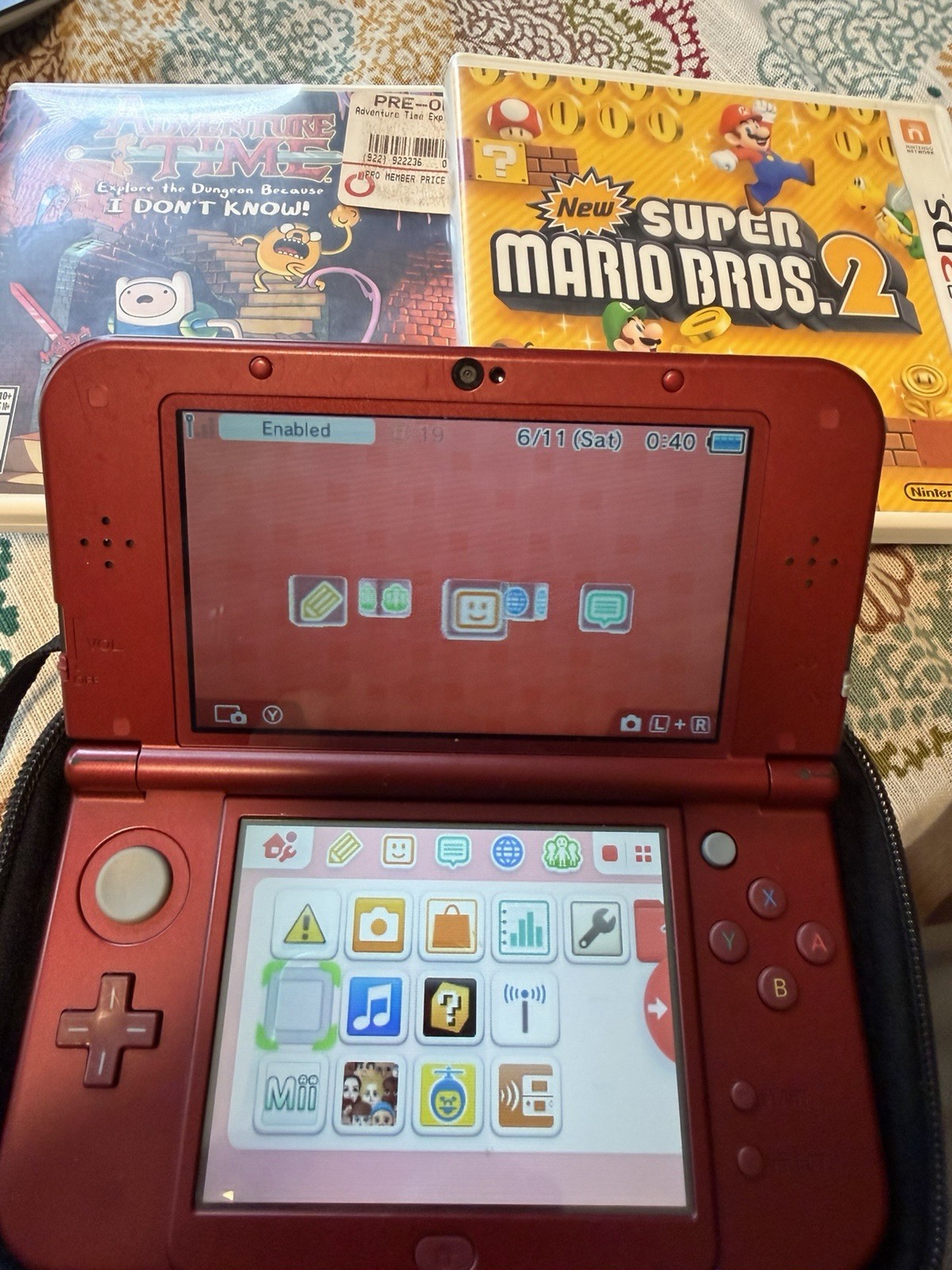 Nintendo 3DS XL Red 3D Capable 4GB Region Free w/ Case & 2 games Mario Bros 2