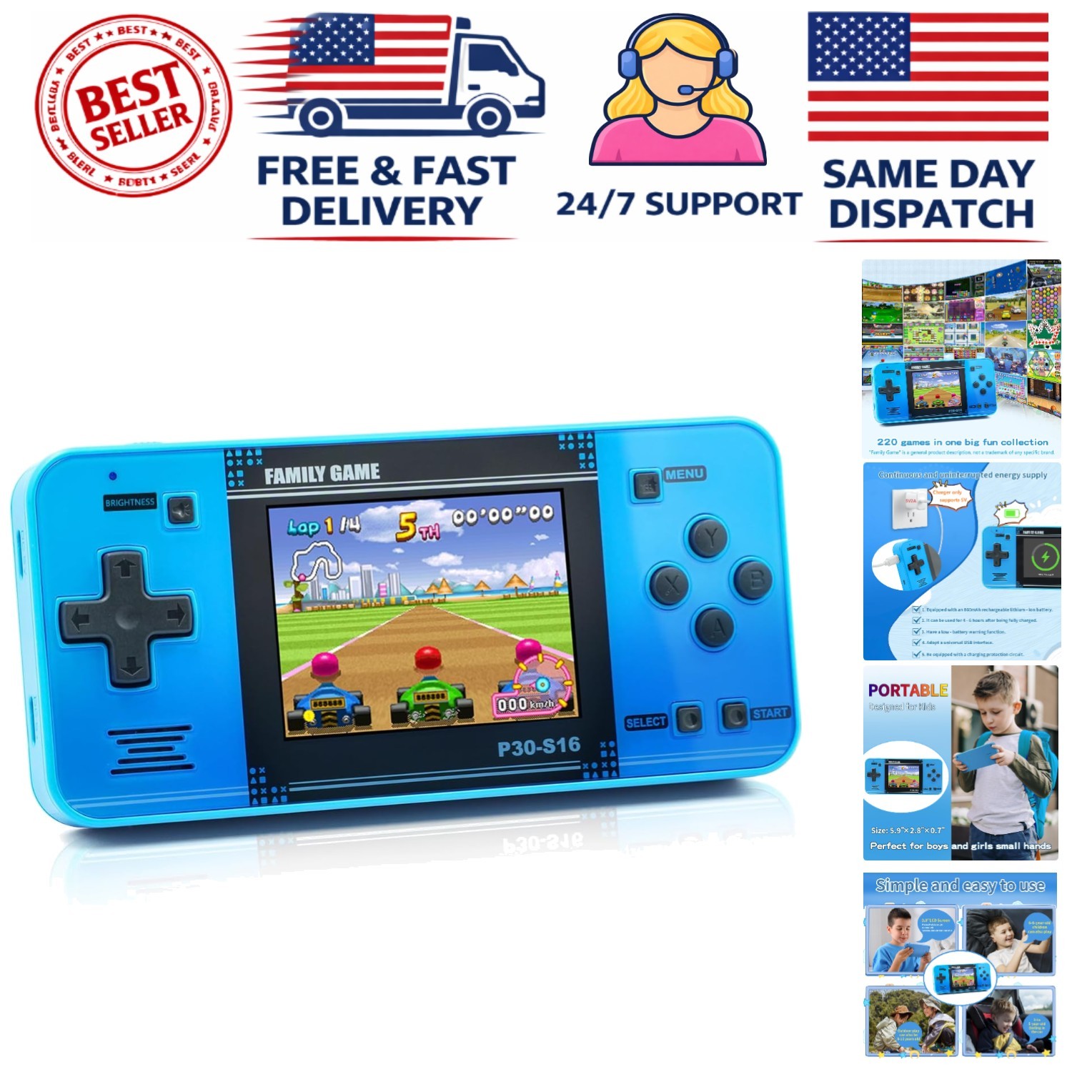 Portable Kids Game Player – 220 Retro Games, Rechargeable 3.0” LCD Screen