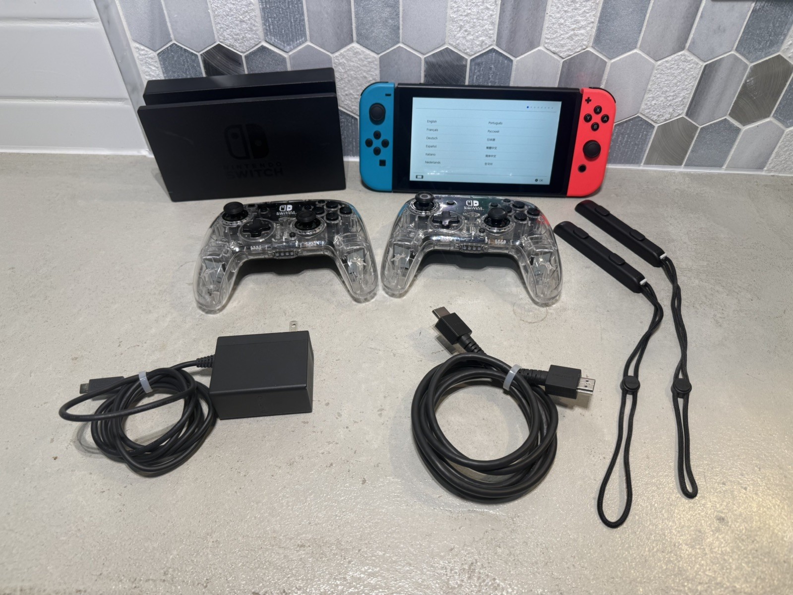 Nintendo Switch with two RGB controllers and docking station dock