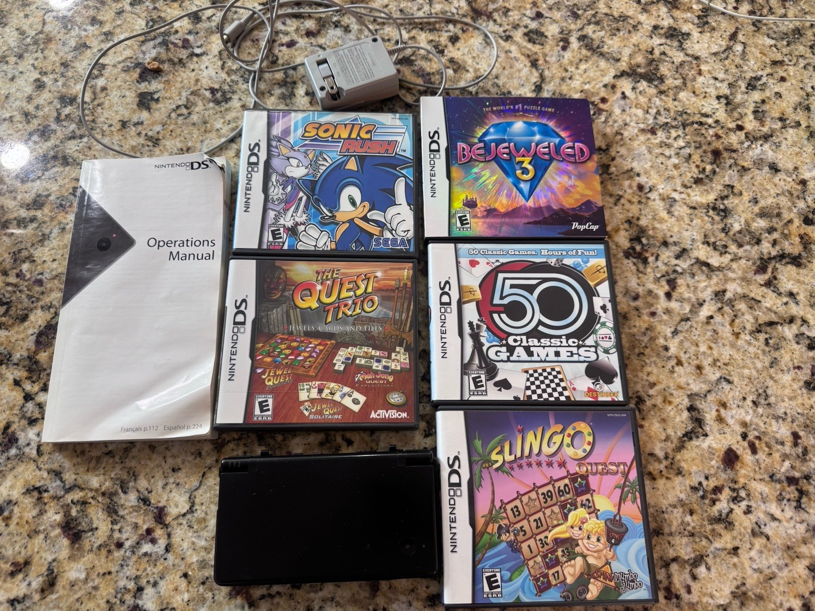 Nintendo DS Black Handheld Console TWL-001 (USA) 2008 Tested W/ 5 Games. Power